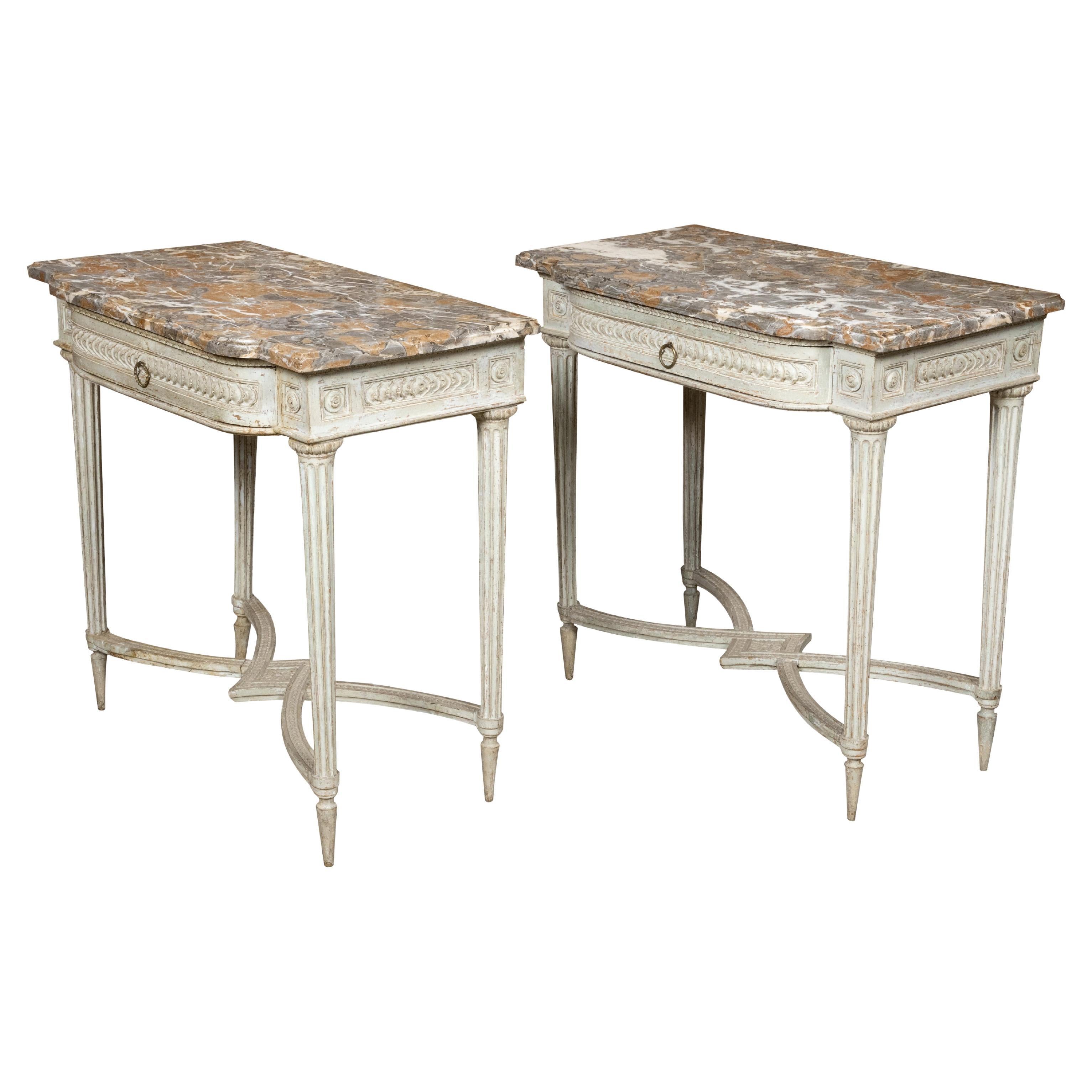 Pair of French Louis XVI 18th Century Painted Console Tables with Marble Tops For Sale