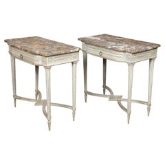 Antique Pair of French Louis XVI 18th Century Painted Console Tables with Marble Tops