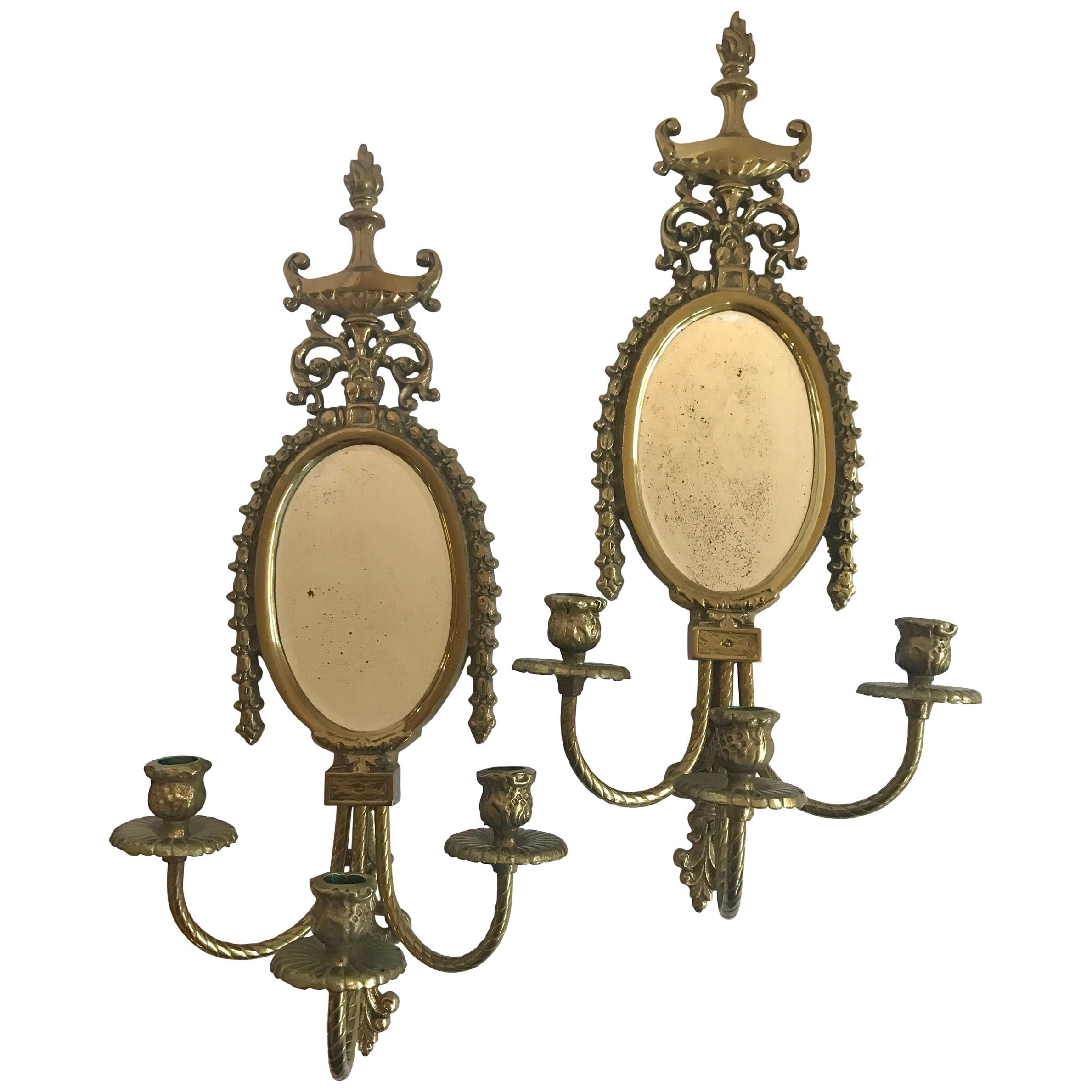 Pair of French Louis XVI Antique Bronze Mirrored Candle Sconces at