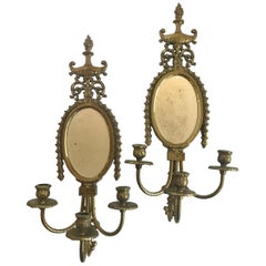 Pair of French Louis XVI Antique Bronze Mirrored Candle Sconces 