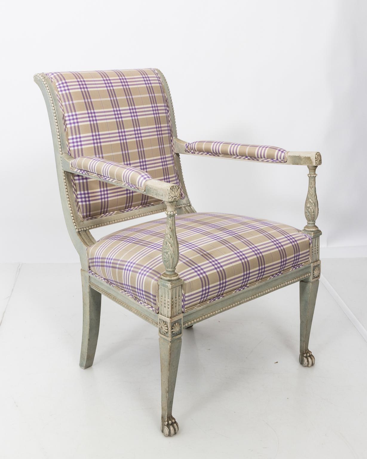 Pair of French Louis XVI Directoire style armchairs, painted grey and upholstered in Pierre Frey fabric, circa 19th century pair of French Louis XVI Directoire style armchairs, painted grey and upholstered in Pierre Frey fabric. The chairs also