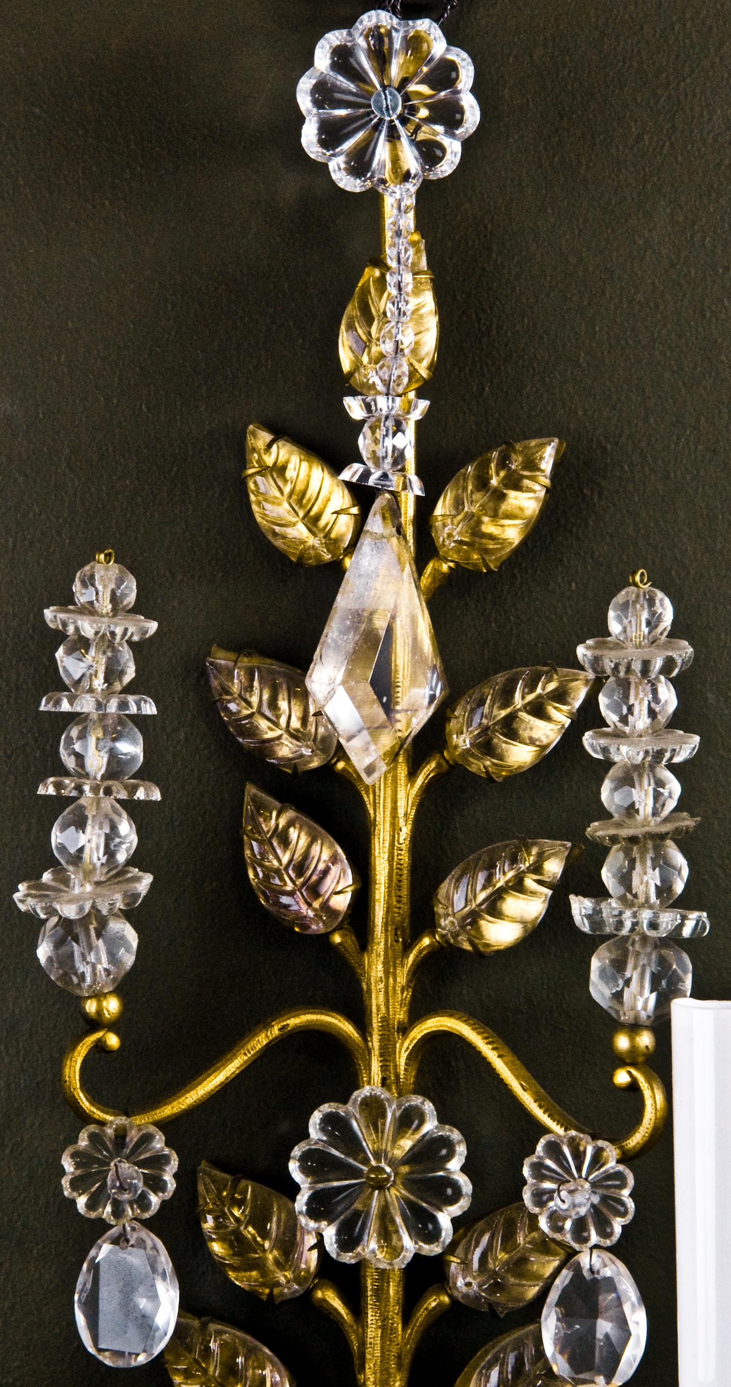 20th Century Pair of French Louis XVI Baguès Style Rock Crystal and Gilt Bronze Wall Sconces