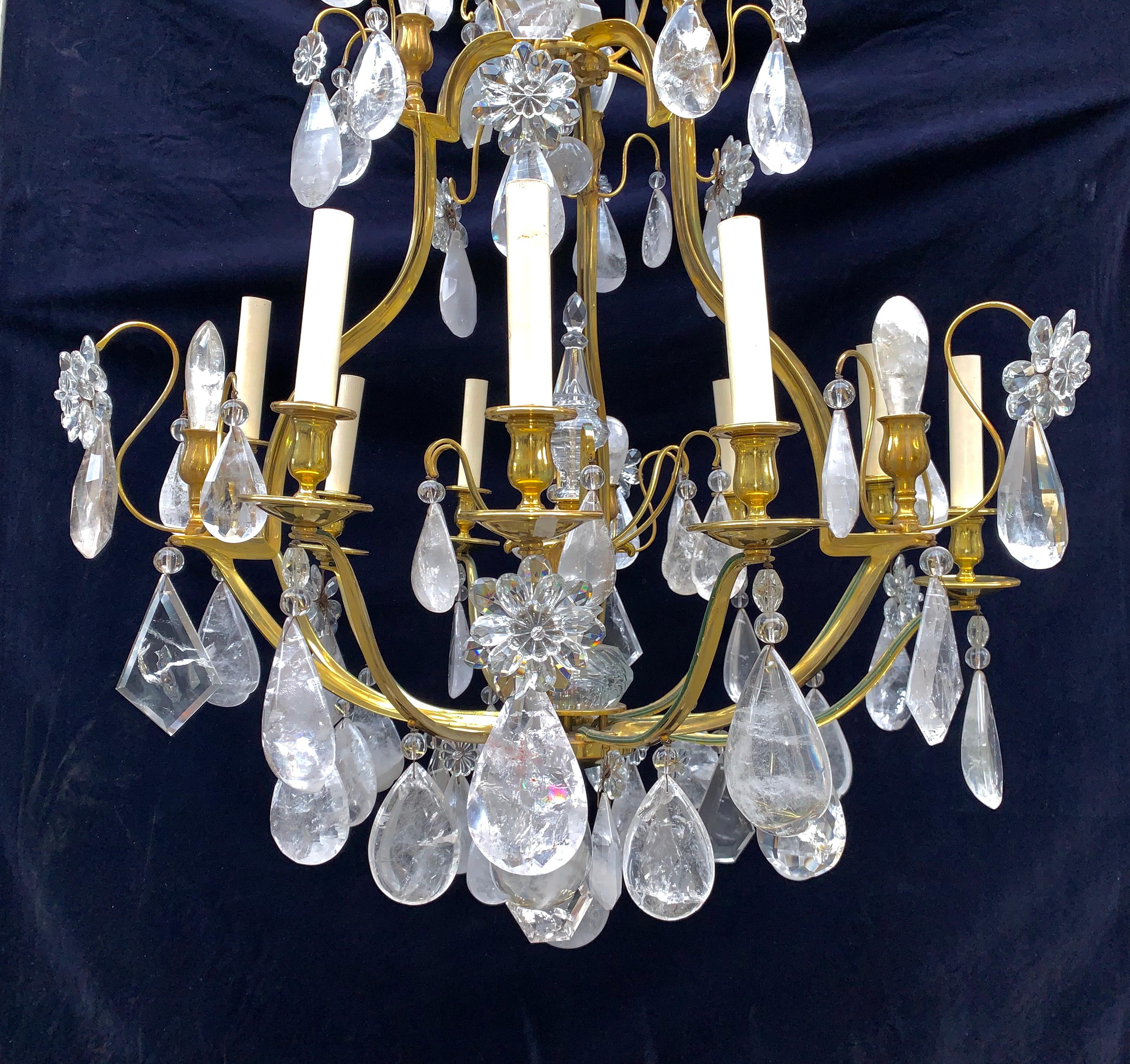 Unknown Pair of French Louis XVI Baguès Style Rock Crystal and Bronze Chandeliers For Sale