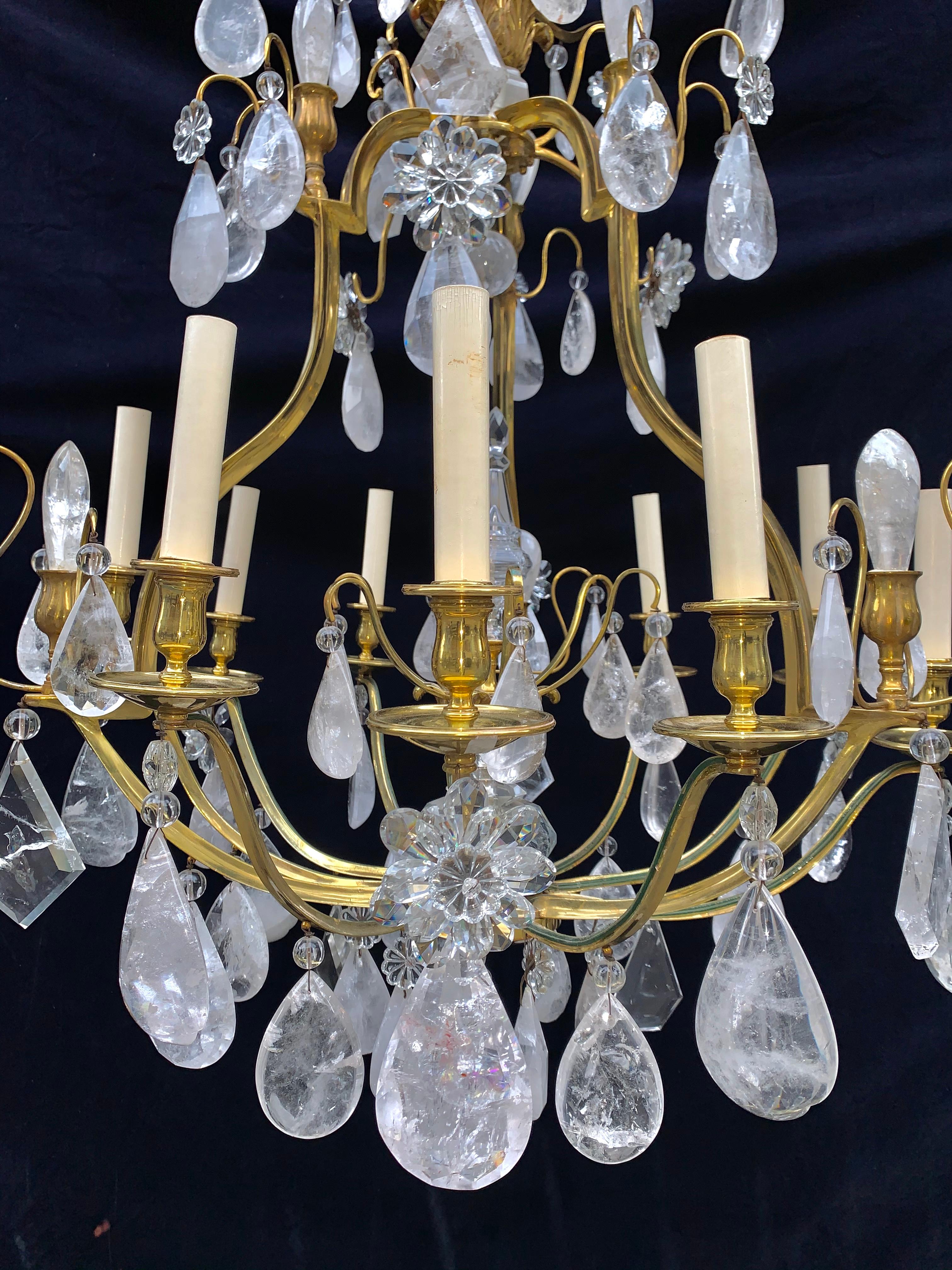 Pair of French Louis XVI Baguès Style Rock Crystal and Bronze Chandeliers In Good Condition For Sale In New York, NY