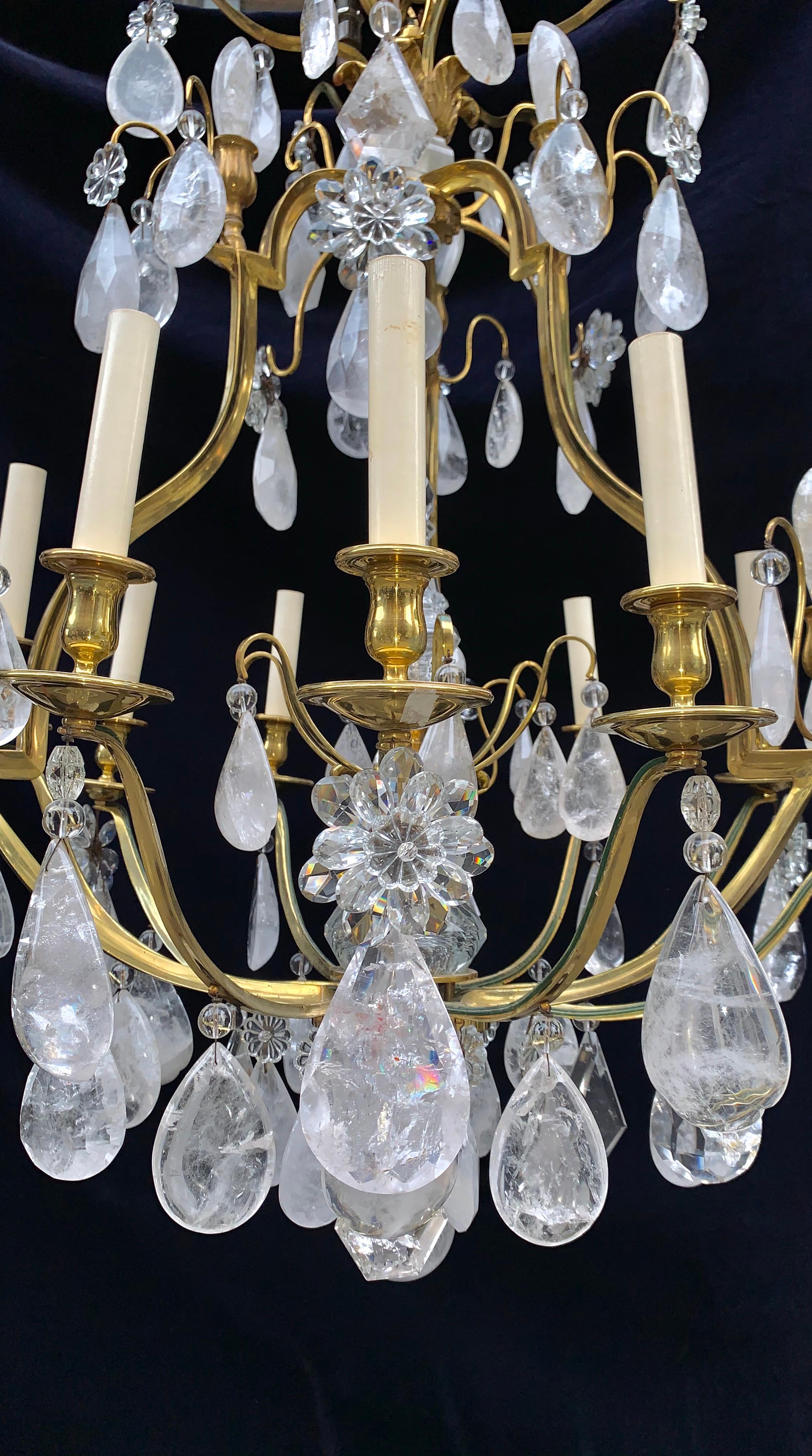 20th Century Pair of French Louis XVI Baguès Style Rock Crystal and Bronze Chandeliers For Sale