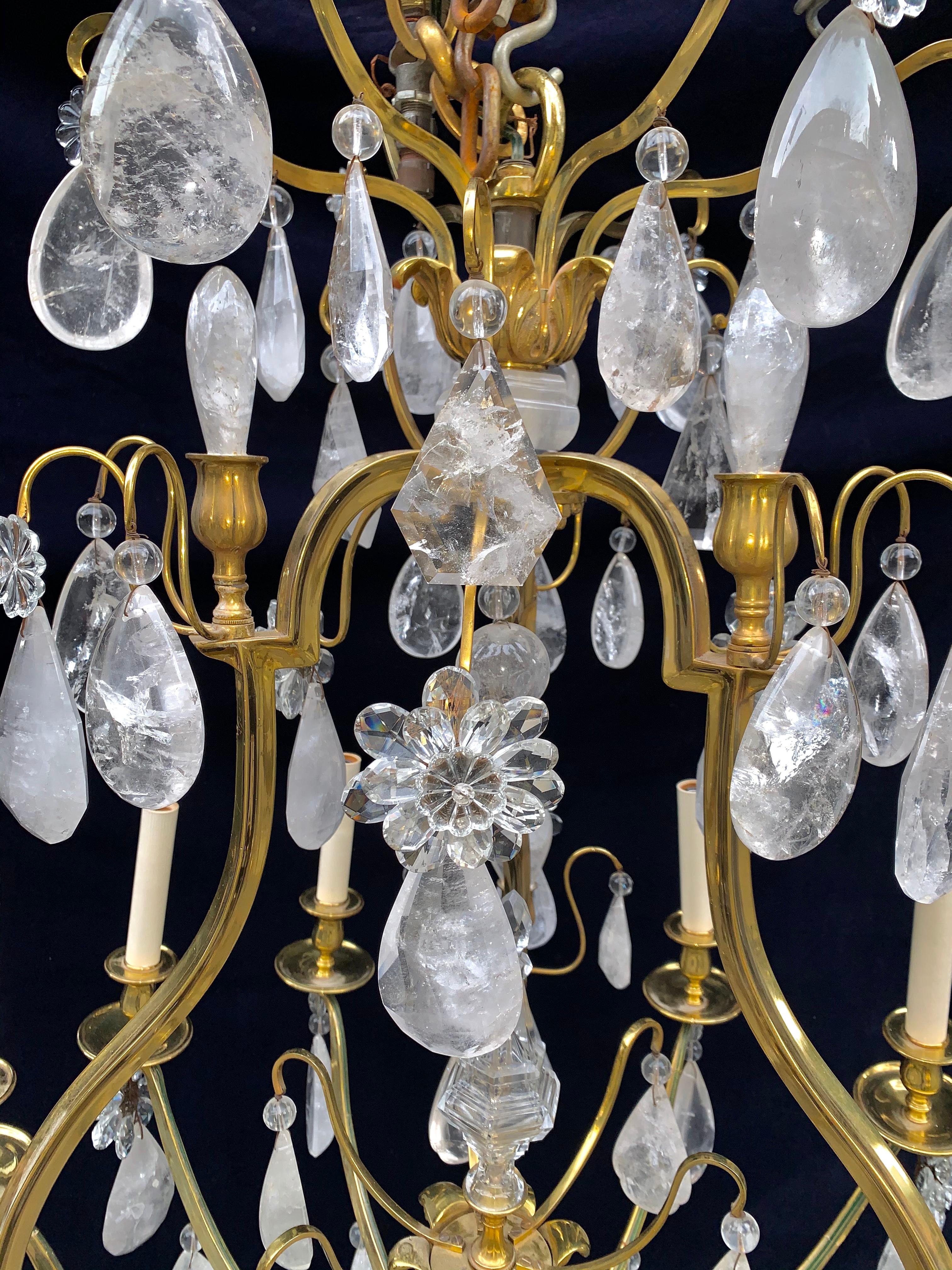 Pair of French Louis XVI Baguès Style Rock Crystal and Bronze Chandeliers For Sale 1
