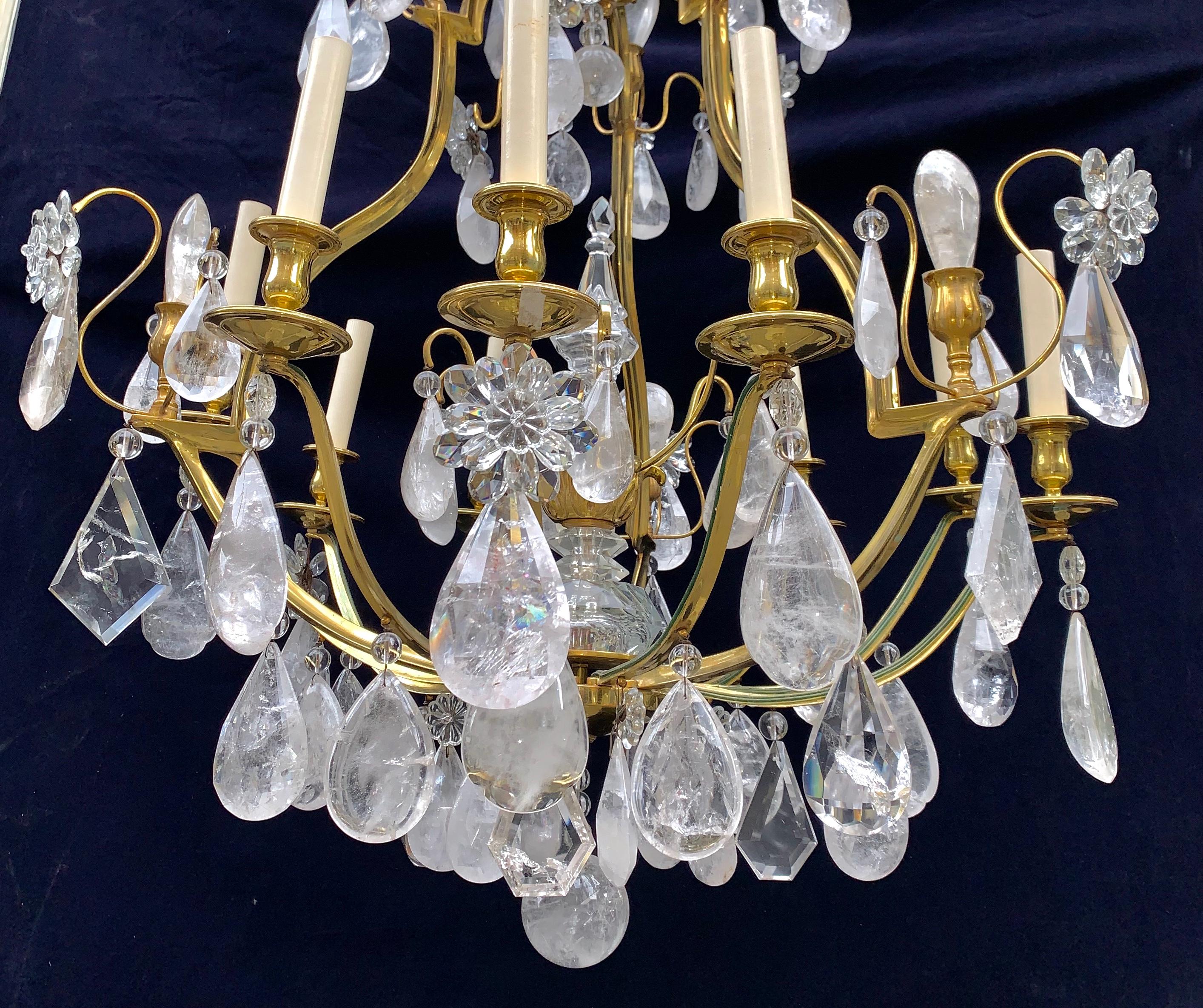 Pair of French Louis XVI Baguès Style Rock Crystal and Bronze Chandeliers For Sale 2
