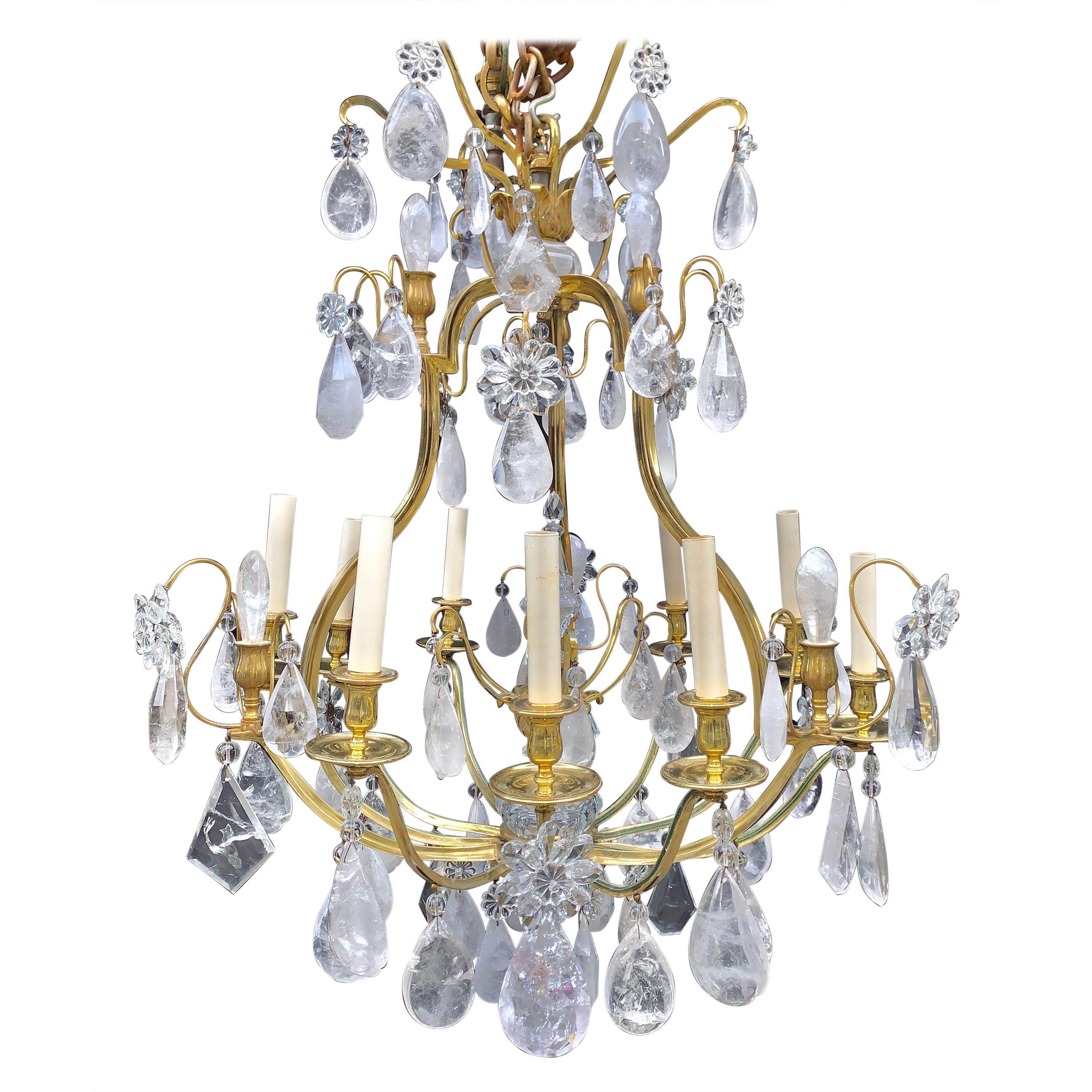 Pair of French Louis XVI Baguès Style Rock Crystal and Bronze Chandeliers