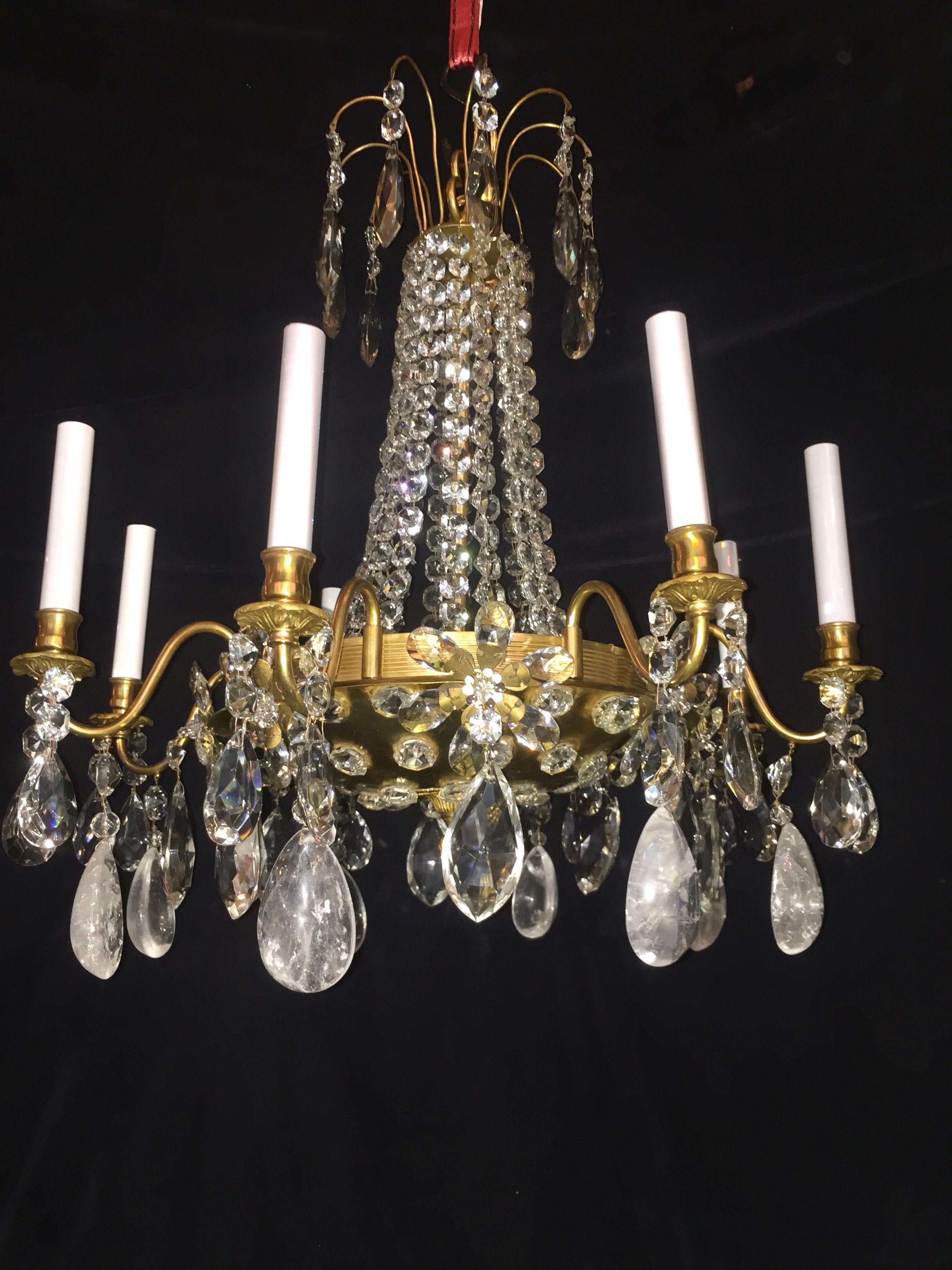 Louis XVI Pair of French Rock Crystal and Gilt Bronze Chandeliers