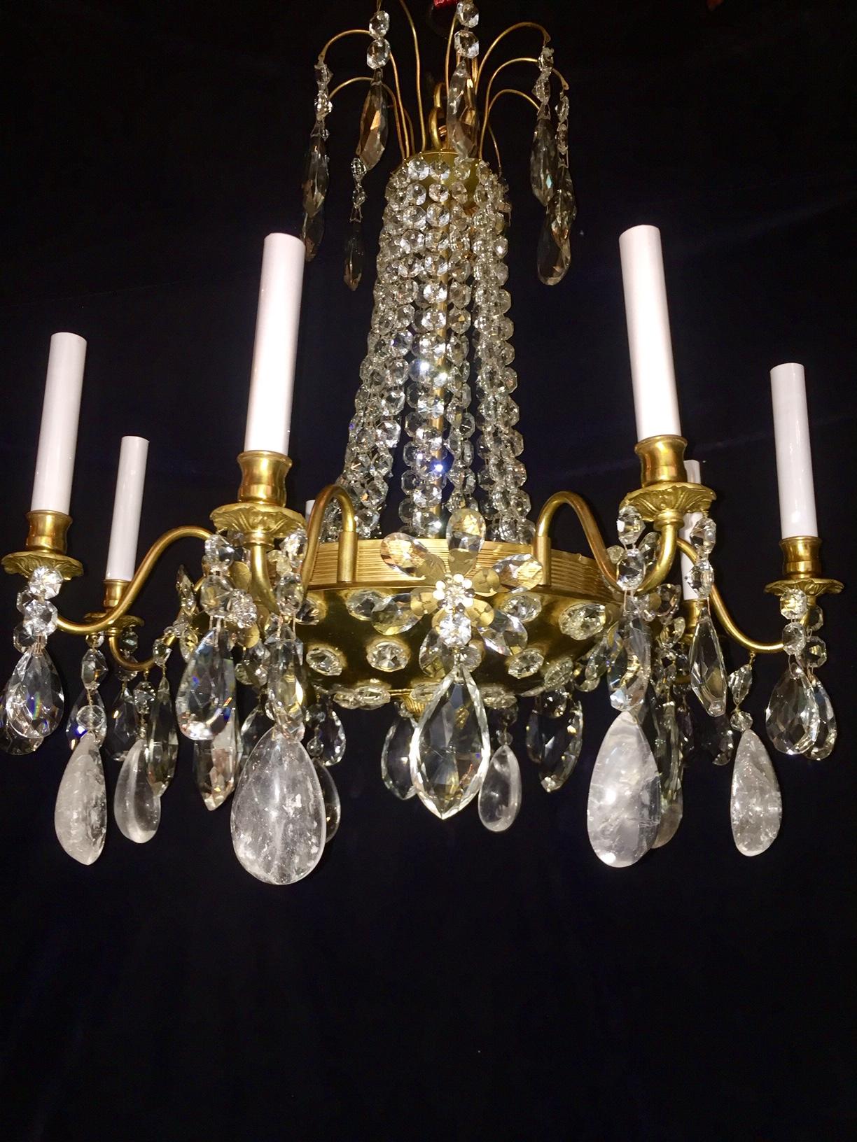 Hand-Carved Pair of French Rock Crystal and Gilt Bronze Chandeliers