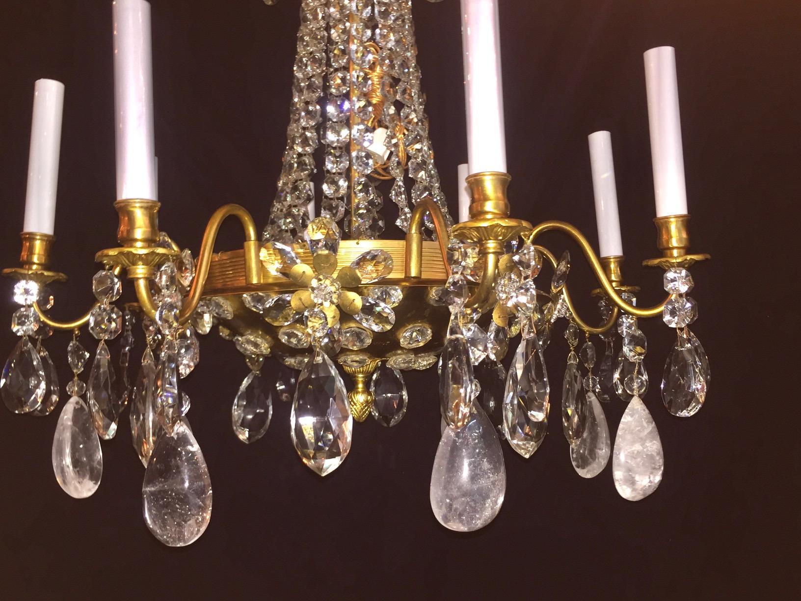 Pair of French Rock Crystal and Gilt Bronze Chandeliers In Good Condition In New York, NY