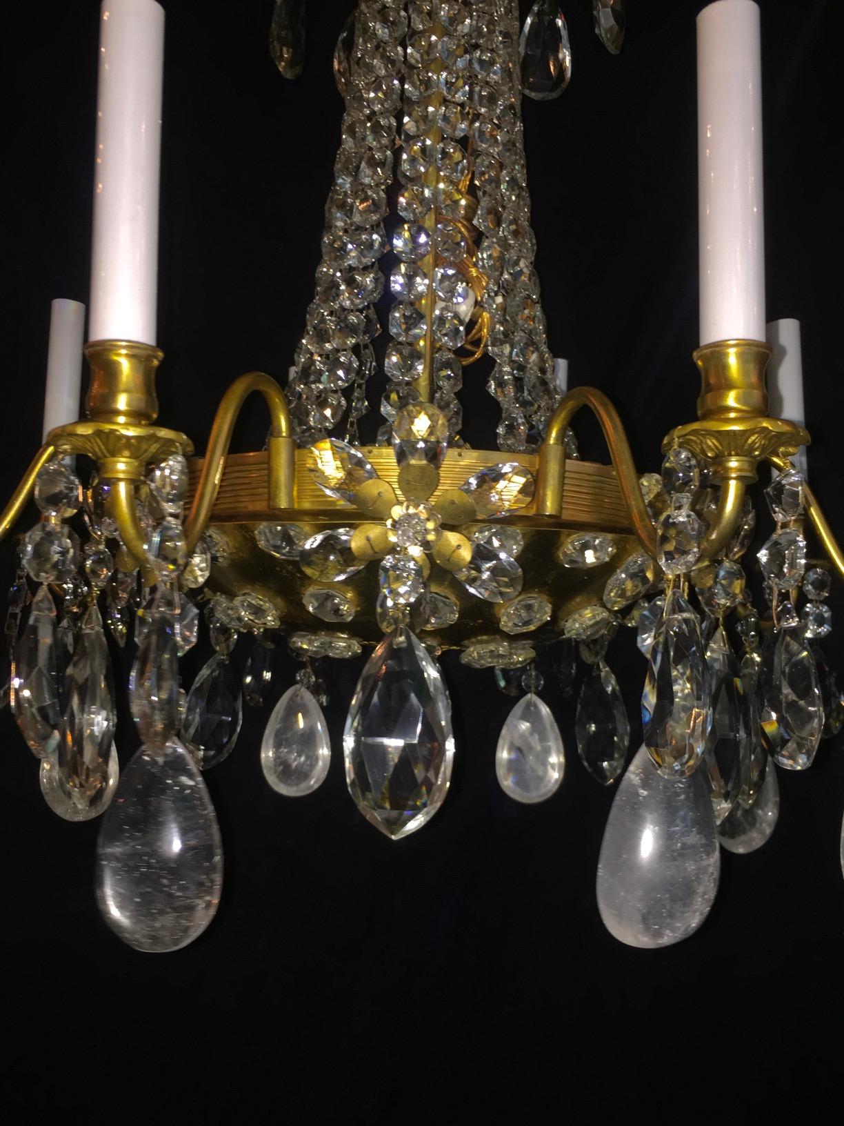 20th Century Pair of French Rock Crystal and Gilt Bronze Chandeliers