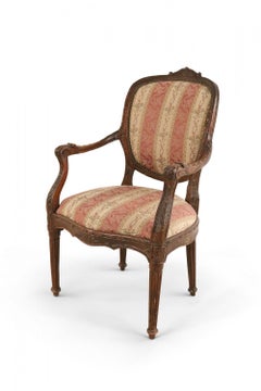 Pair of French Louis XVI Beige and Pink Stripe Upholstered Armchairs