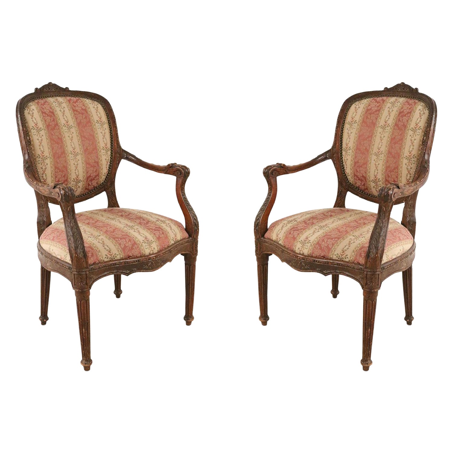 Pair of French Louis XVI Beige and Pink Stripe Upholstered Armchairs For Sale