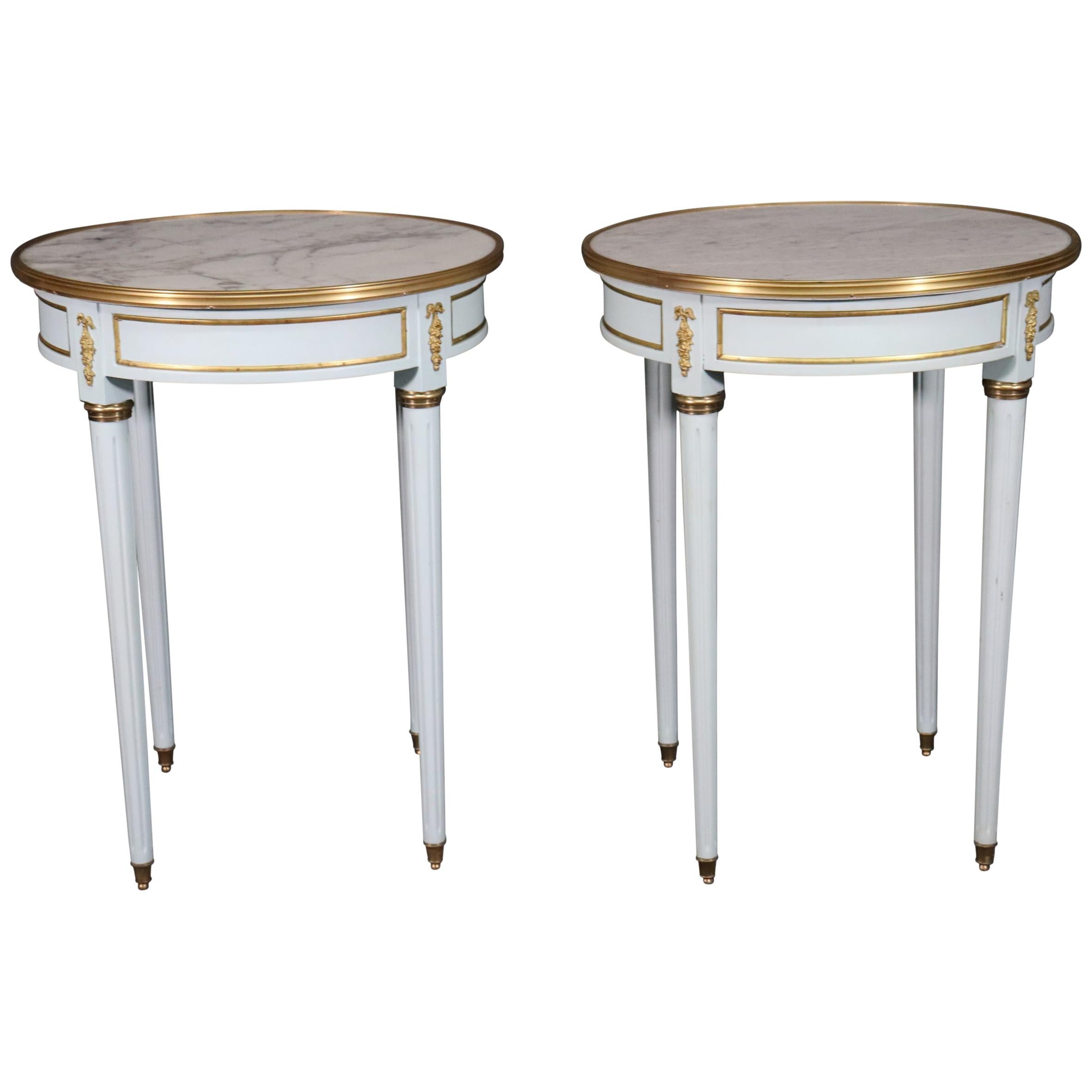 Pair of French Louis XVI Blue Lacquered White Marble-Top Guéridon End Tables