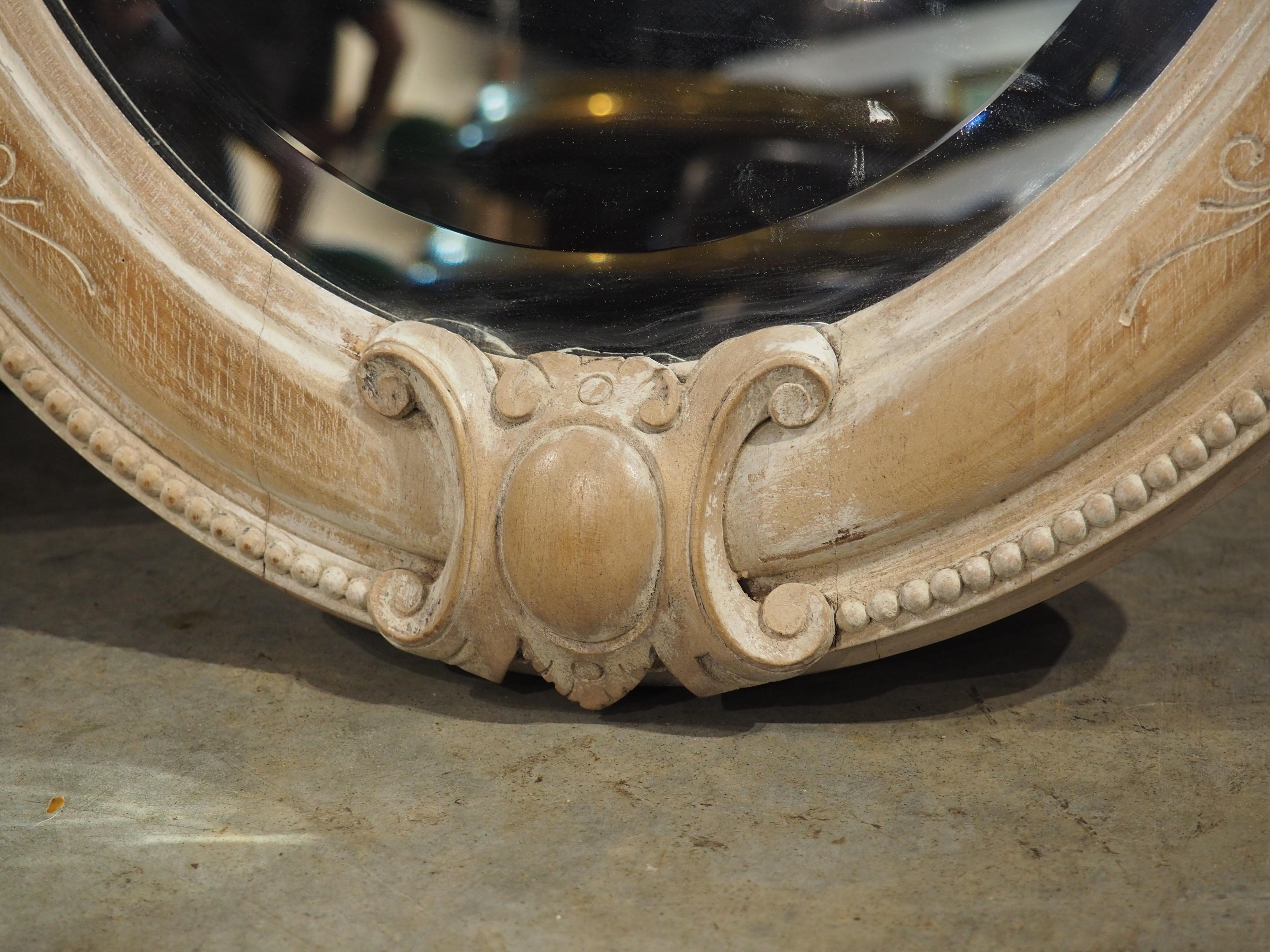 Pair of French Louis XVI Carved and Whitewashed Wooden Oval Mirrors, Early 1900s 6