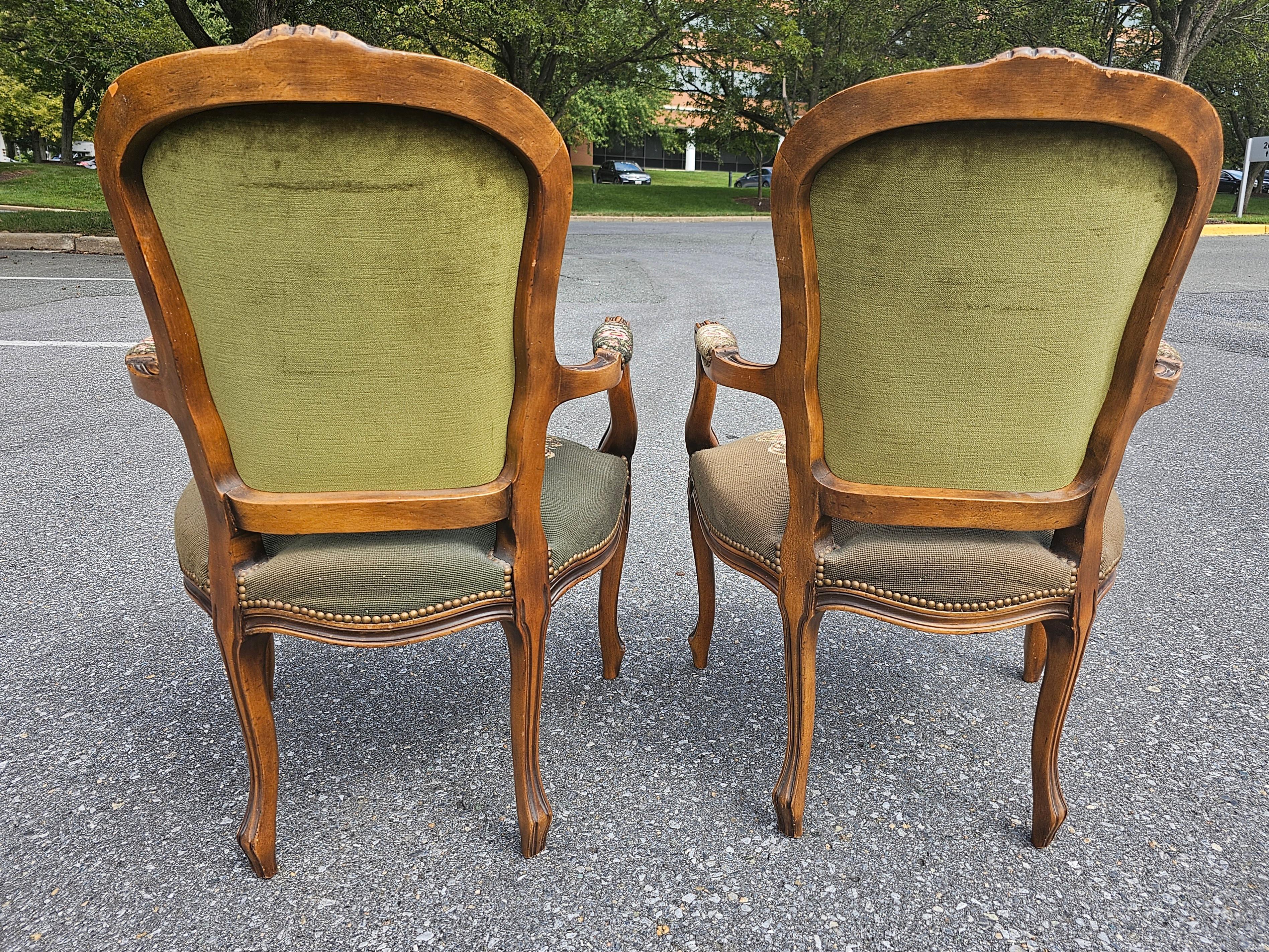Pair of French Louis XVI Carved Fruitwood and Needlepoint Upholstered Bergeres For Sale 1