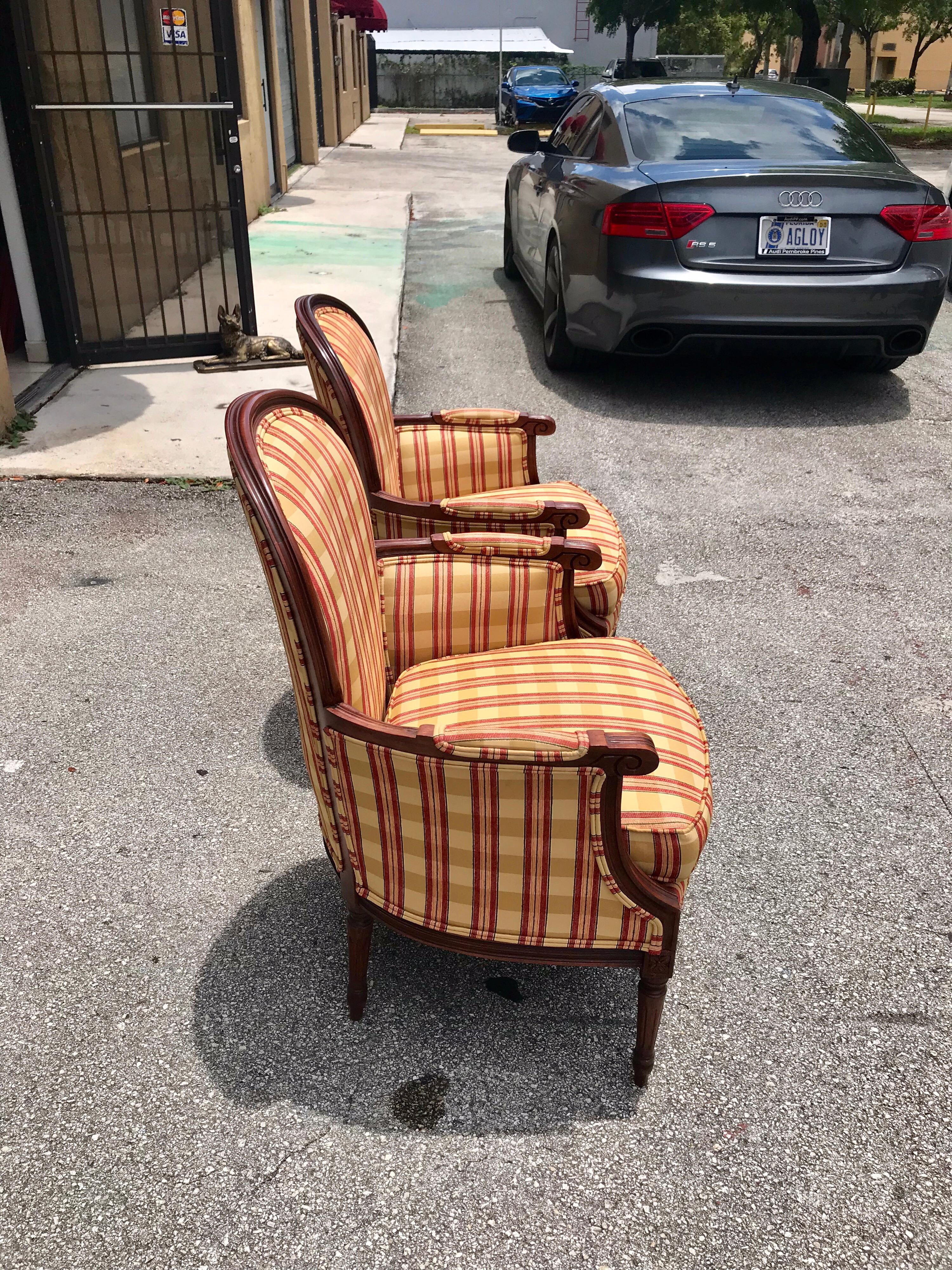Pair of French Louis XVI Carved Mahogany Accent Chairs or Bergère Chairs, 1920s 1