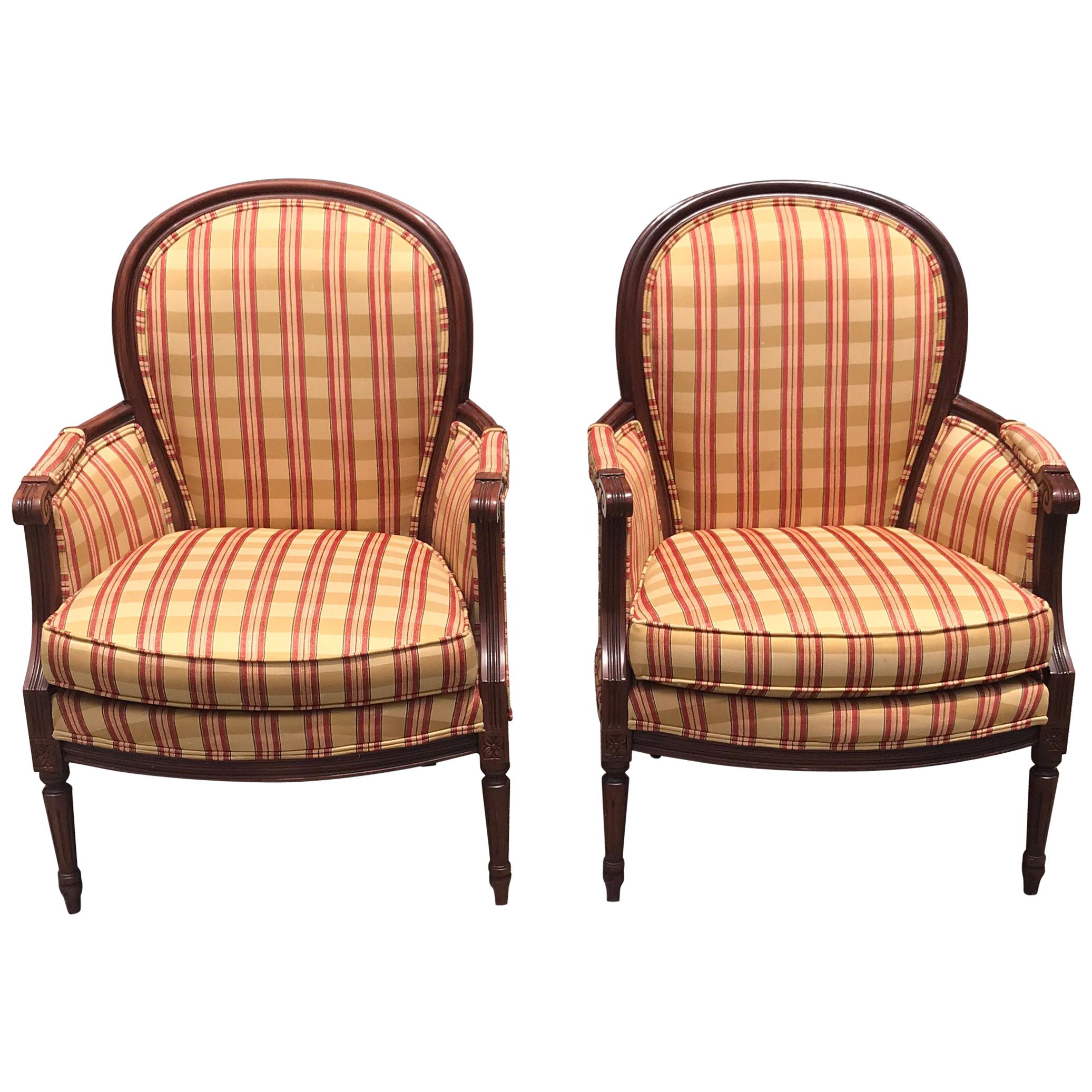 Pair of French Louis XVI Carved Mahogany Accent Chairs or Bergère Chairs, 1920s