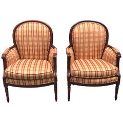 Pair of French Louis XVI Carved Mahogany Accent Chairs or Bergère Chairs, 1920s