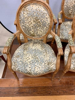 Pair of French Louis XVI Carved Oval Back Fruitwood Armchairs Kravet Fabric