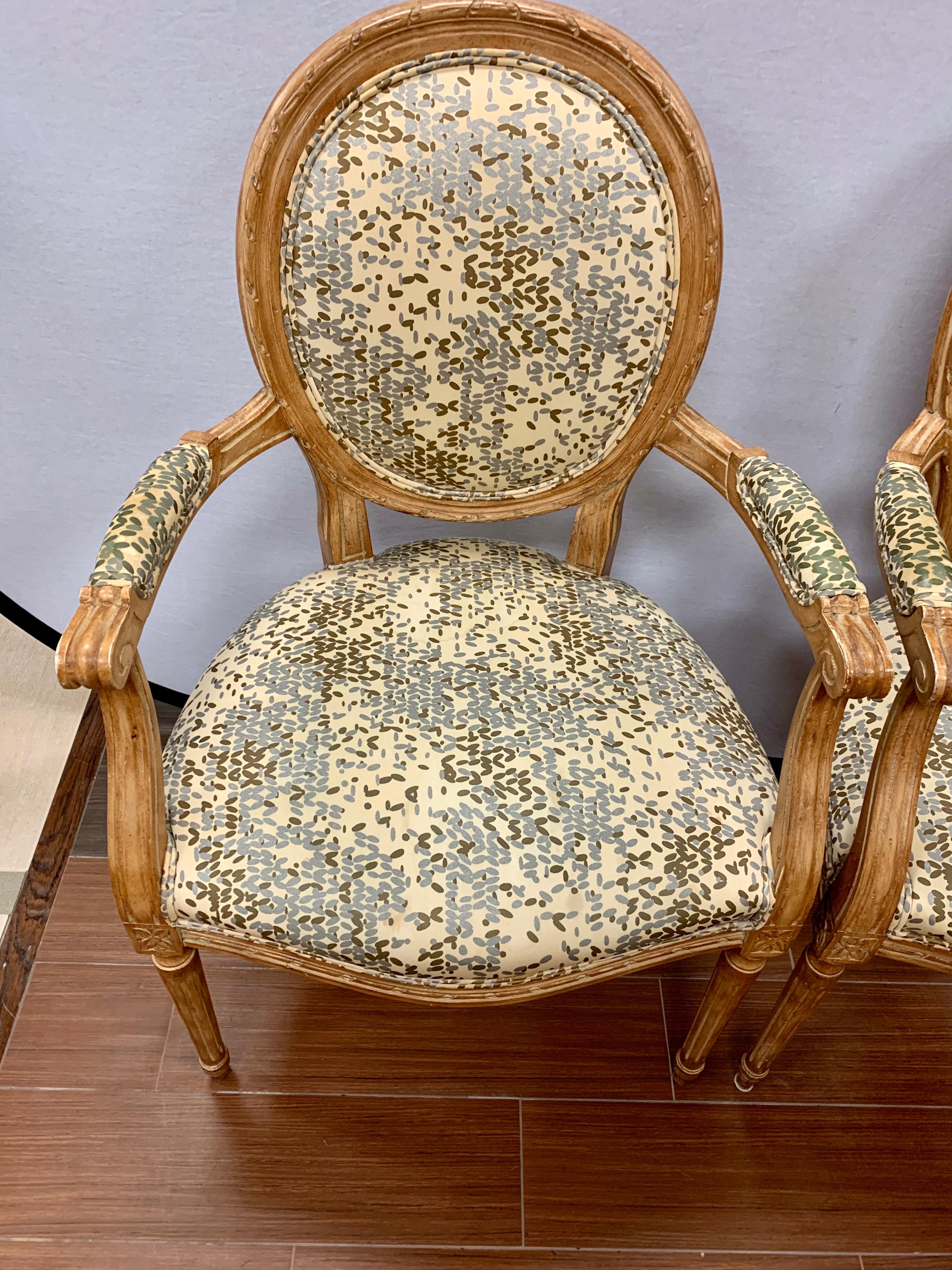 Pair of French Louis XVI Carved Oval Back Fruitwood Armchairs Kravet Fabric In Good Condition In West Hartford, CT