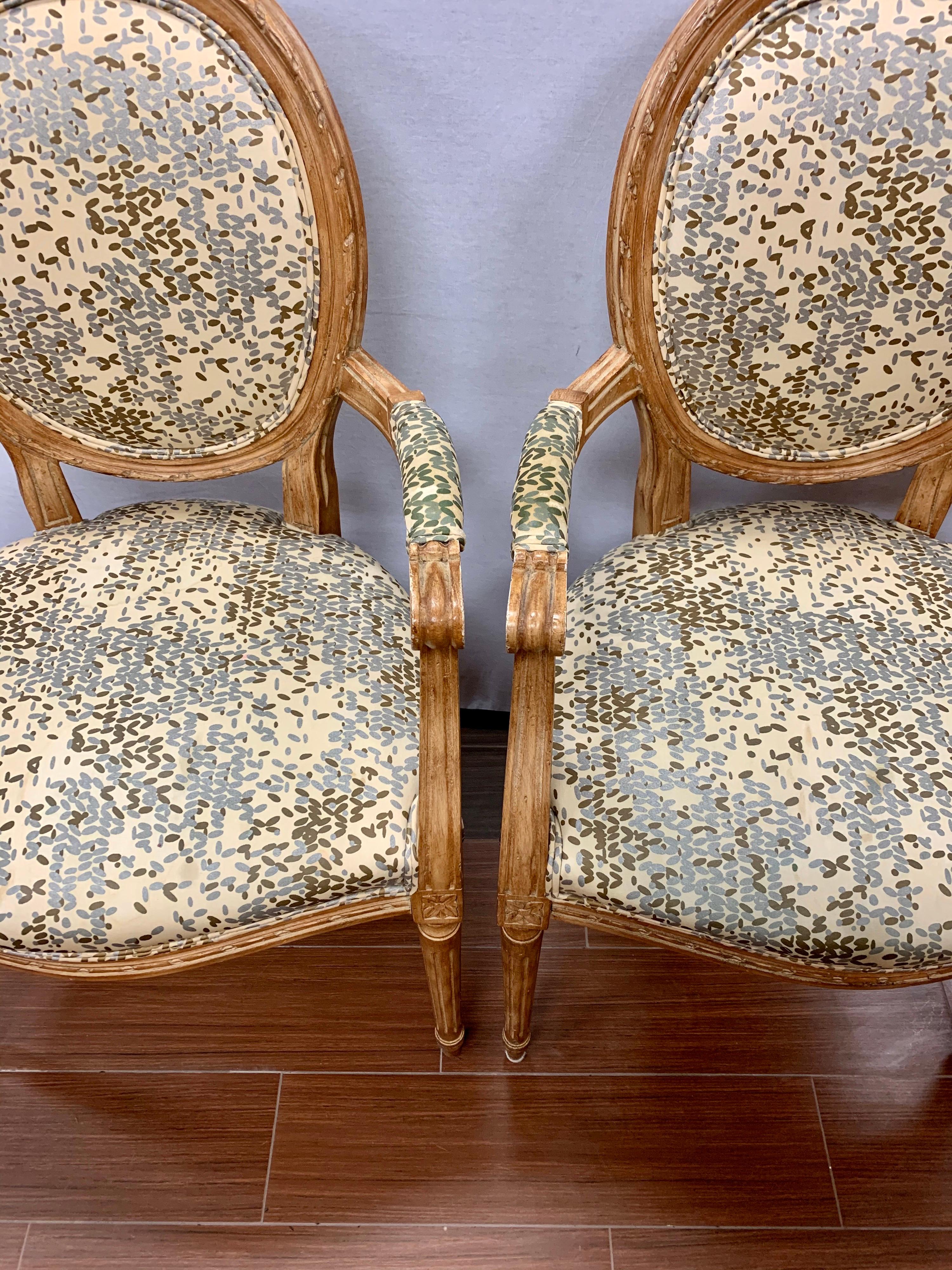 20th Century Pair of French Louis XVI Carved Oval Back Fruitwood Armchairs Kravet Fabric