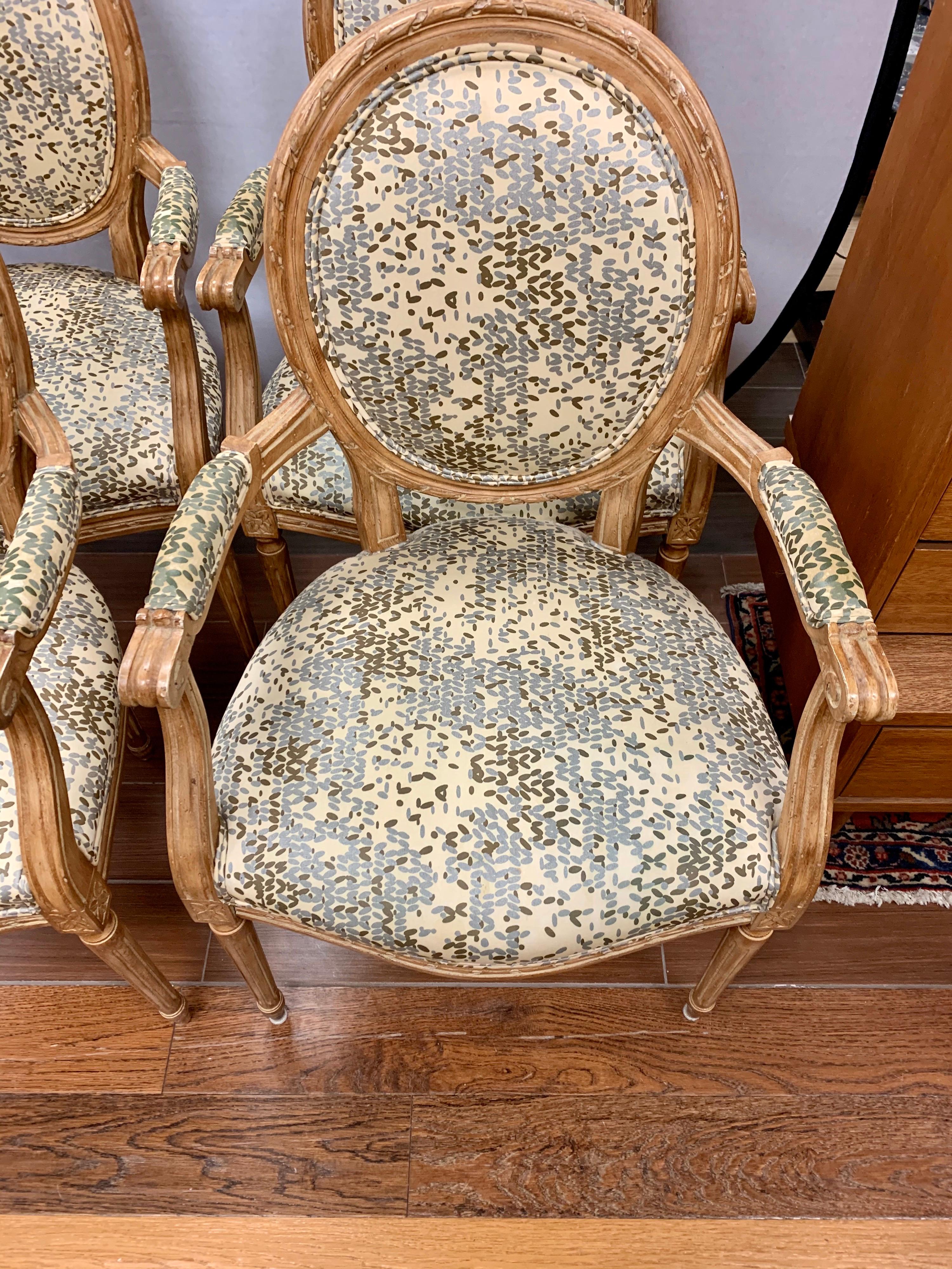 Pair of French Louis XVI Carved Oval Back Fruitwood Armchairs Kravet Fabric 1
