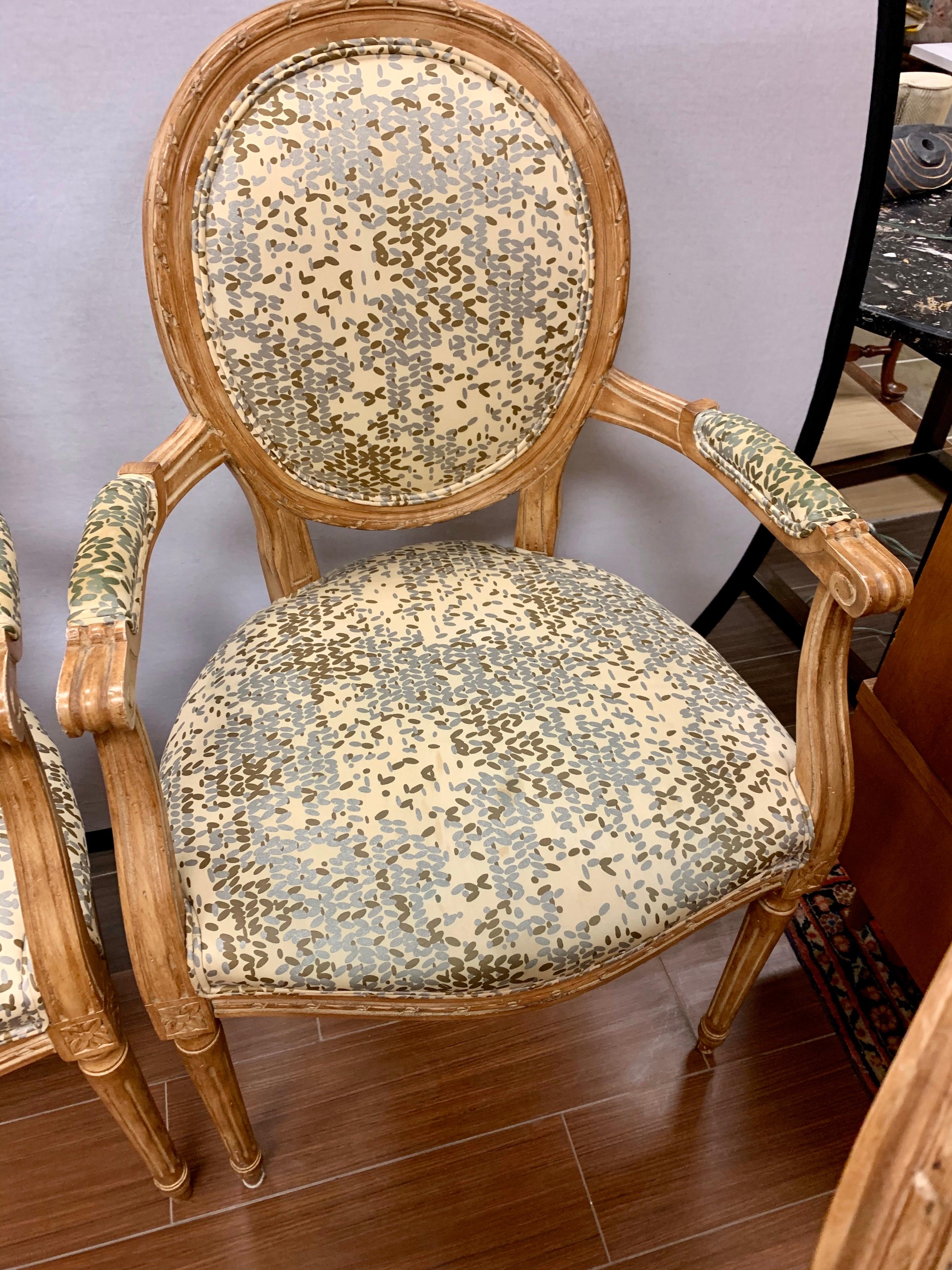 Pair of French Louis XVI Carved Oval Back Fruitwood Armchairs Kravet Fabric 2