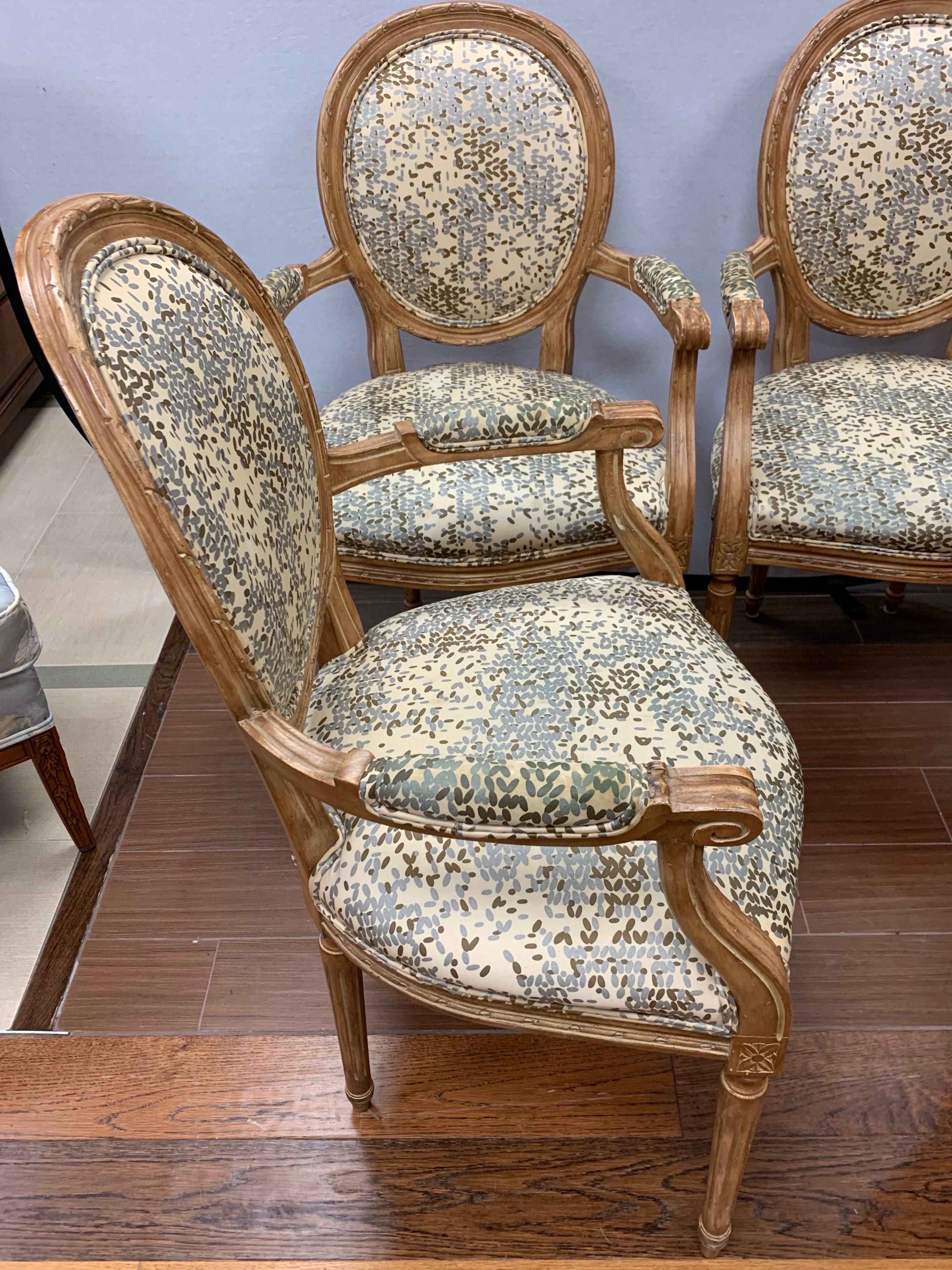 Pair of French Louis XVI Carved Oval Back Fruitwood Armchairs Kravet Fabric 4