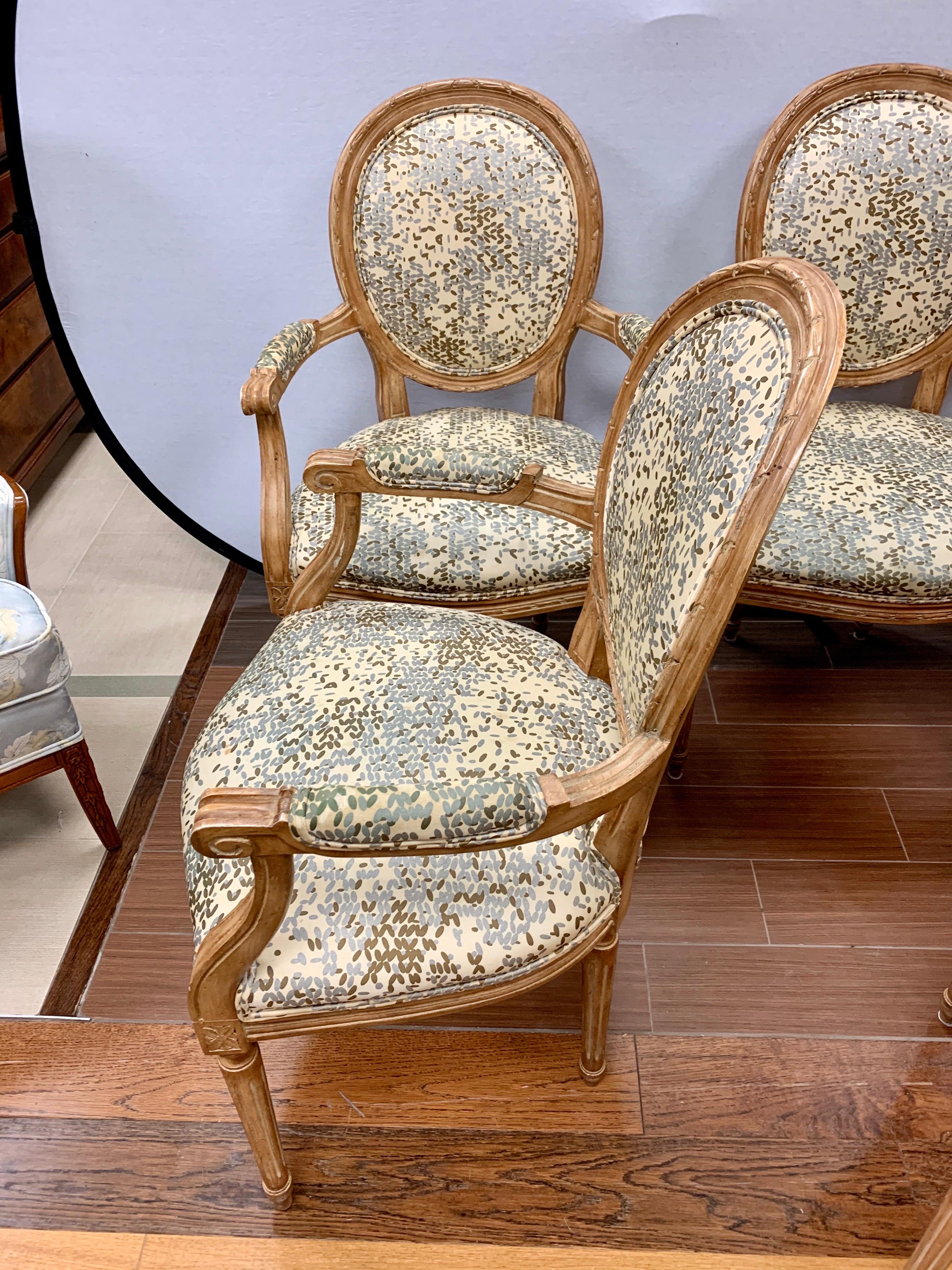 Pair of French Louis XVI Carved Oval Back Fruitwood Armchairs Kravet Fabric 5