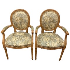 Vintage Pair of French Louis XVI Carved Oval Back Fruitwood Armchairs Kravet Fabric