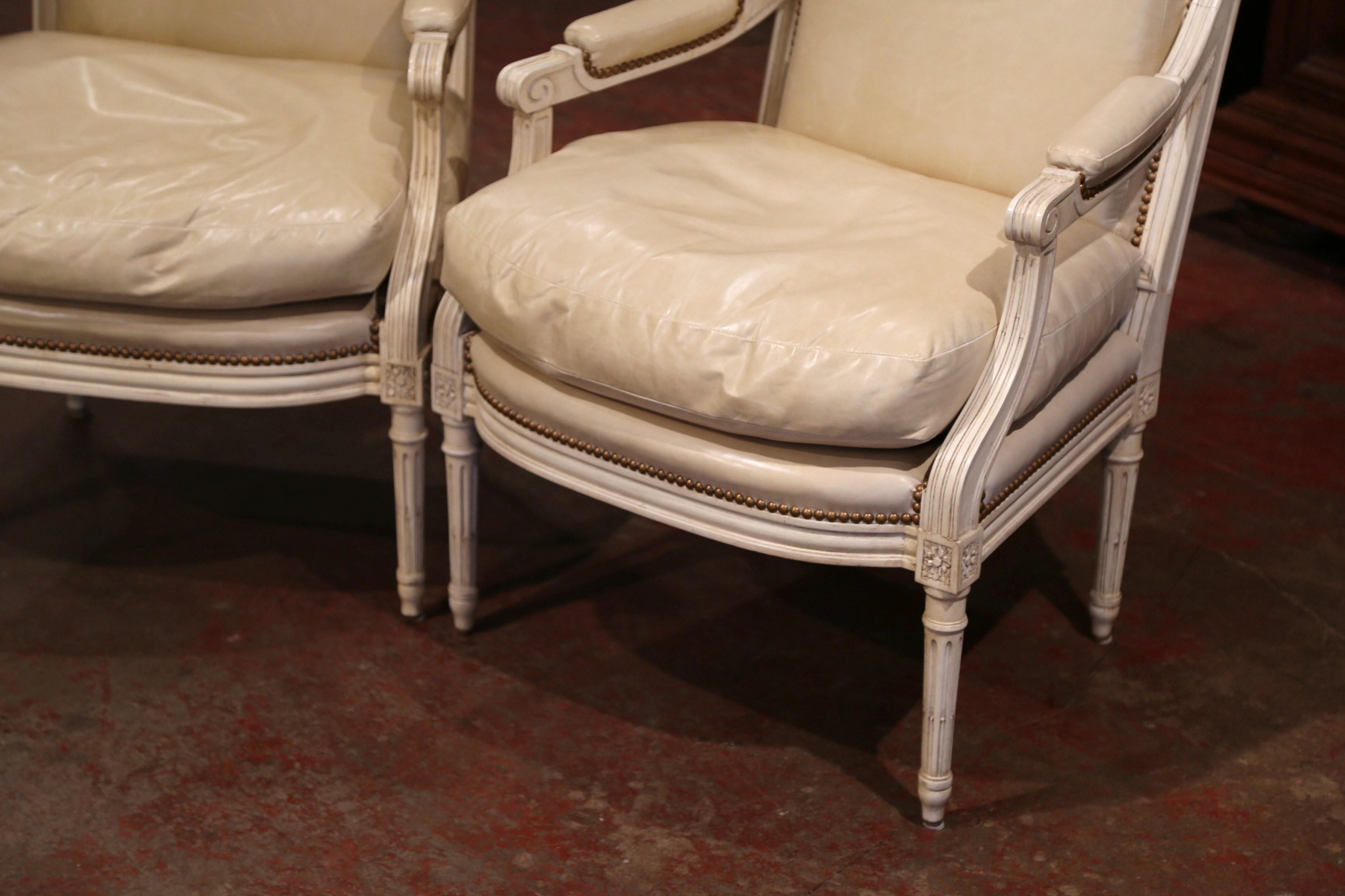 Hand-Painted Pair of French Louis XVI Carved Painted Armchairs with Beige Leather Upholstery