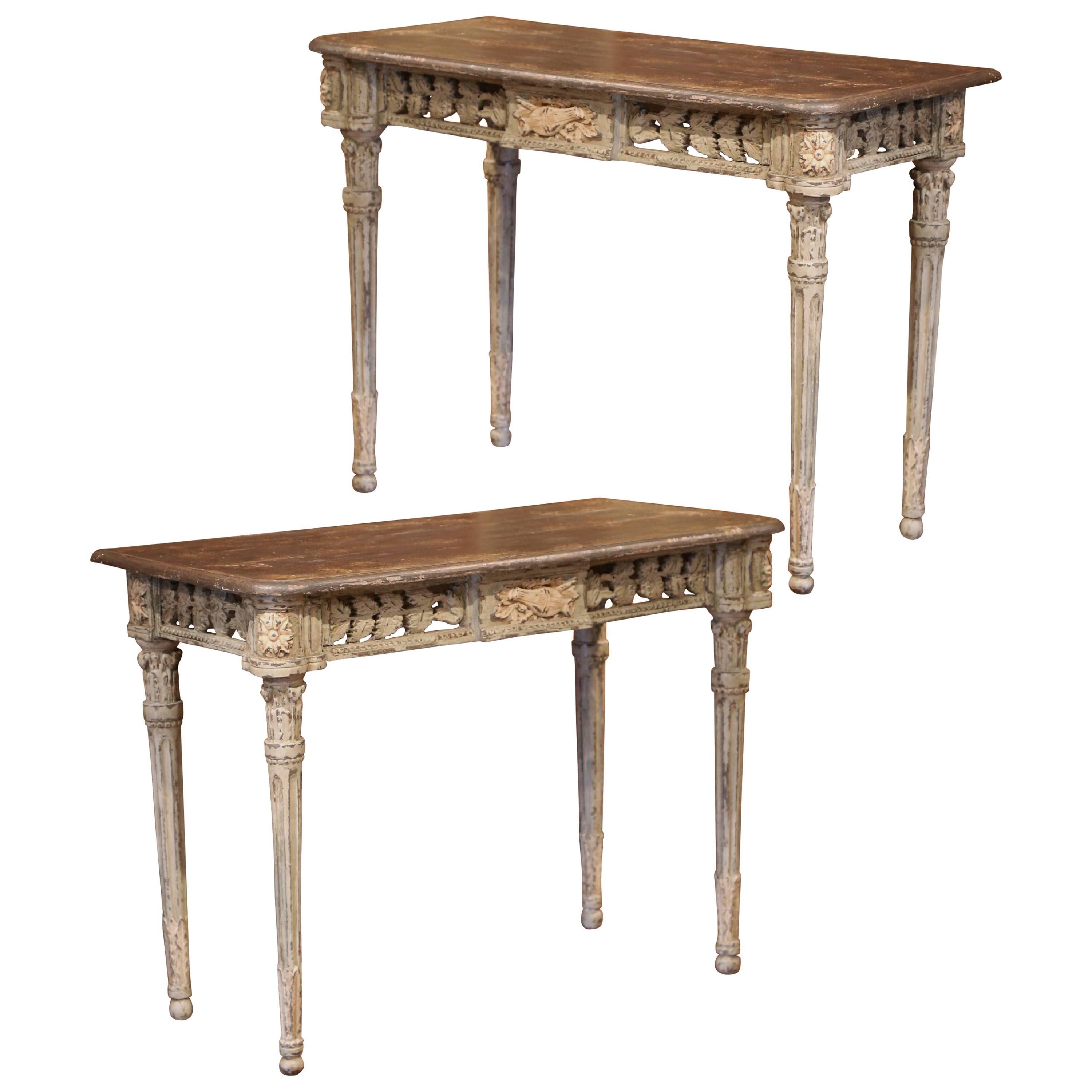 Pair of French Louis XVI Carved Polychrome Painted Four-Leg Consoles Tables
