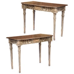 Pair of French Louis XVI Carved Polychrome Painted Four-Leg Consoles Tables