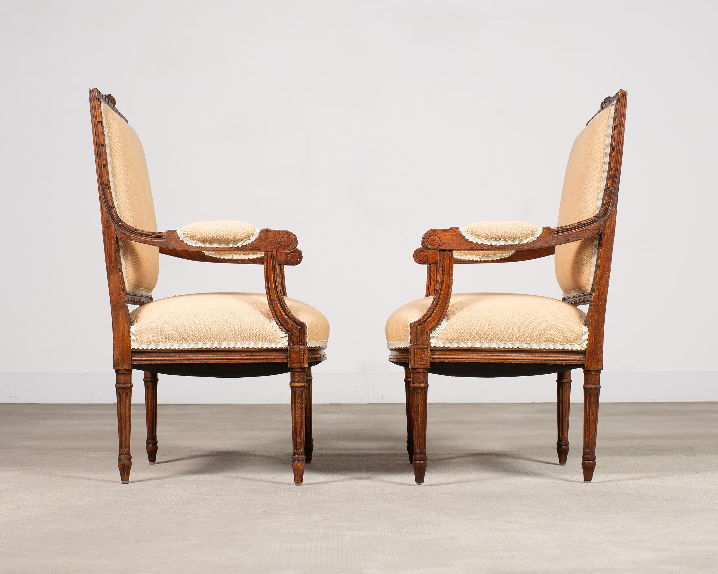 Pair of French Louis XVI Carved Walnut Fauteuil Armchairs For Sale at ...