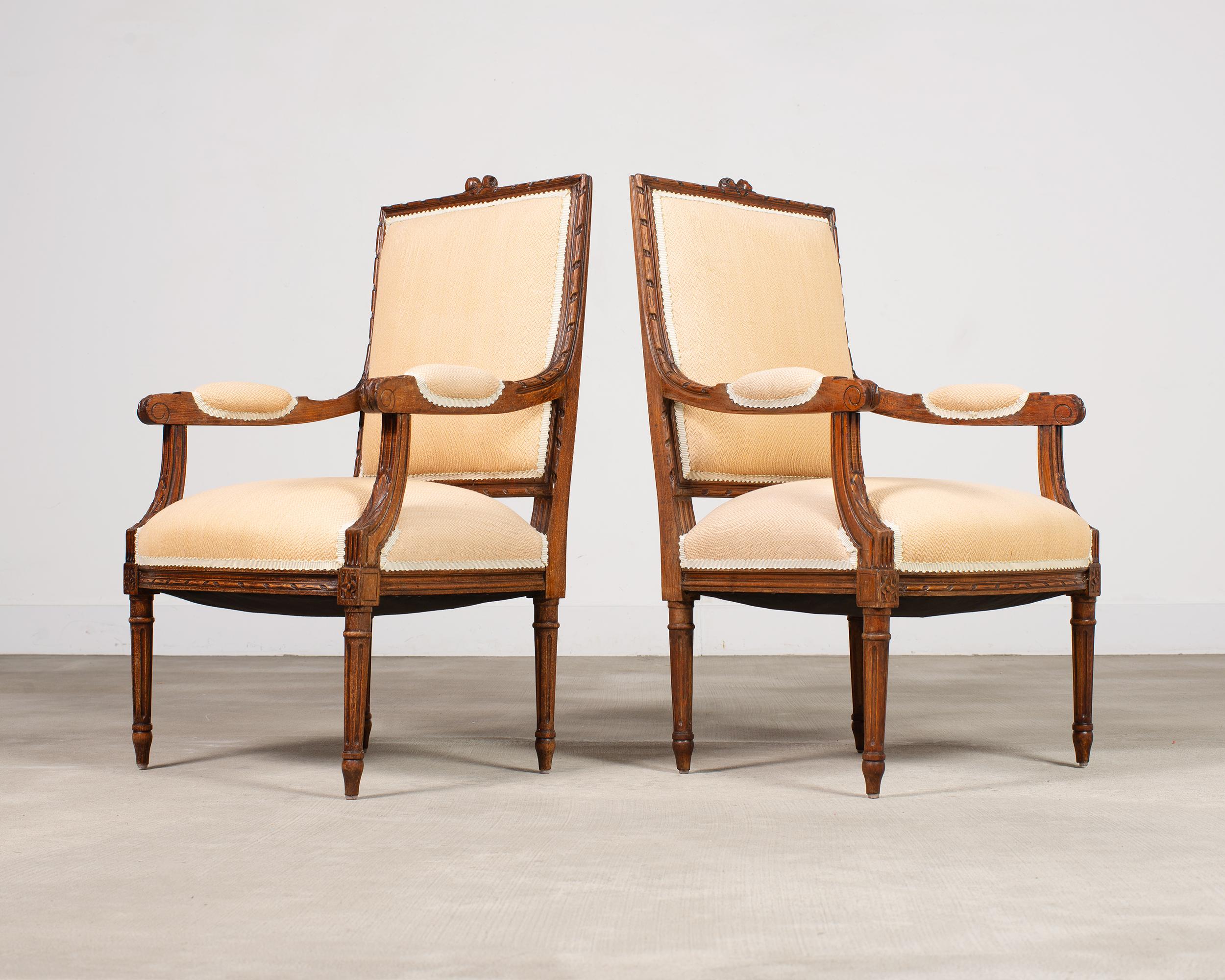 Pair of French Louis XVI Carved Walnut Fauteuil Armchairs For Sale at ...