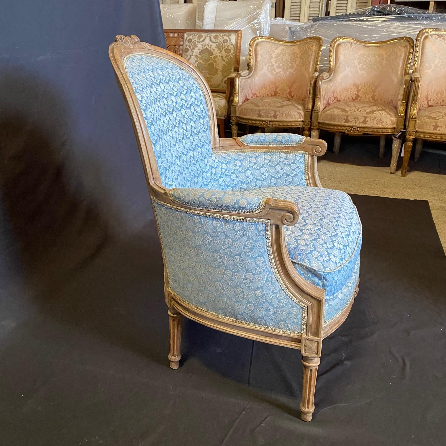 Pair of French Louis XVI Cerused Bergères Chairs with Blue & White Upholstery 6