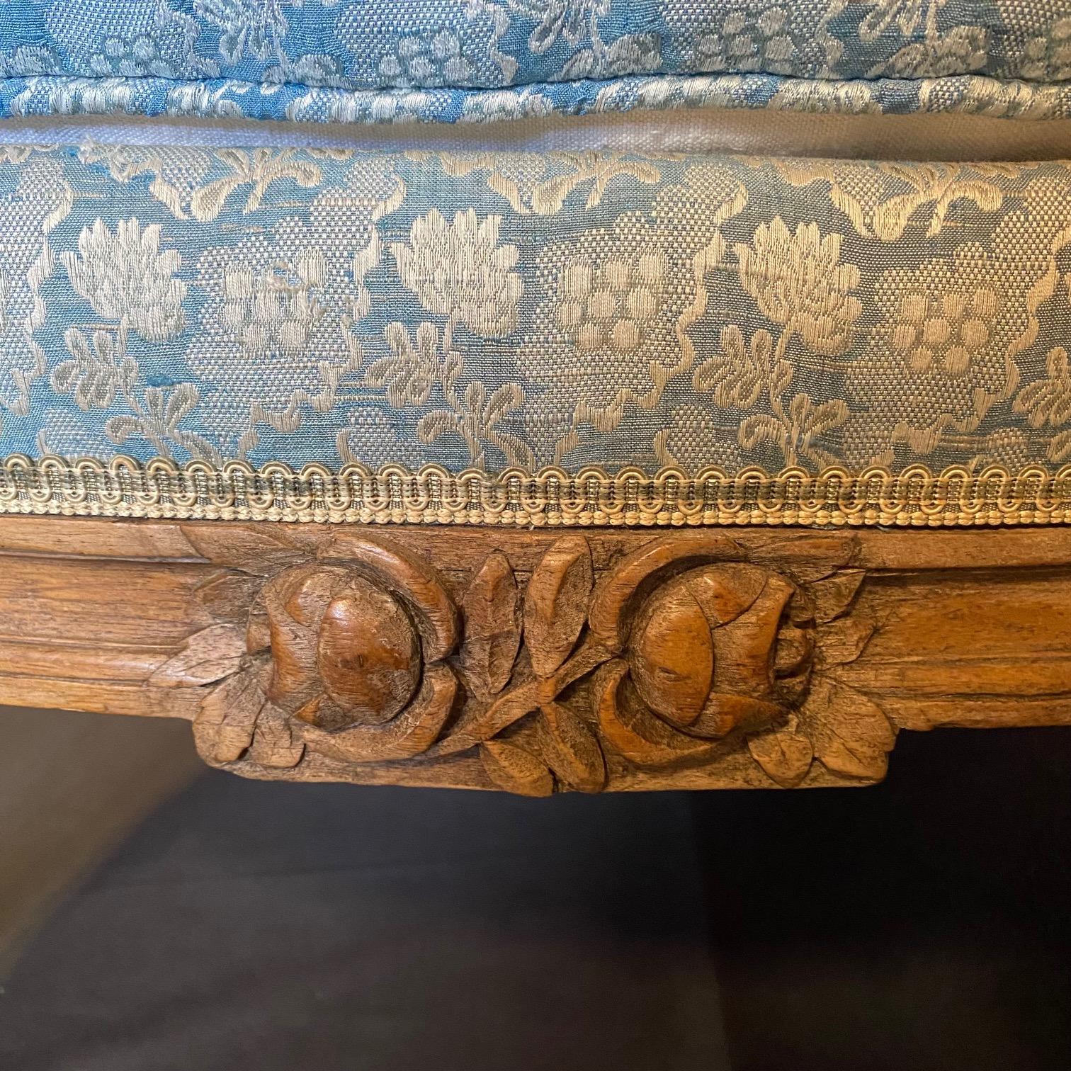 Pair of French Louis XVI Cerused Bergères Chairs with Blue & White Upholstery 2