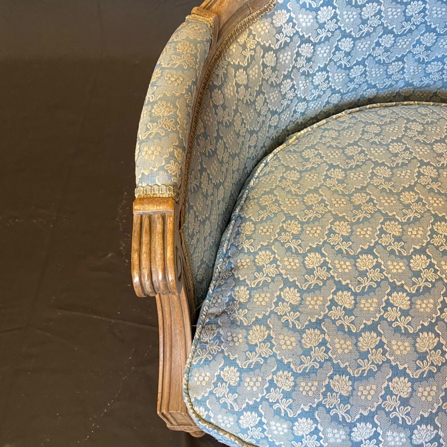 Pair of French Louis XVI Cerused Bergères Chairs with Blue & White Upholstery 3