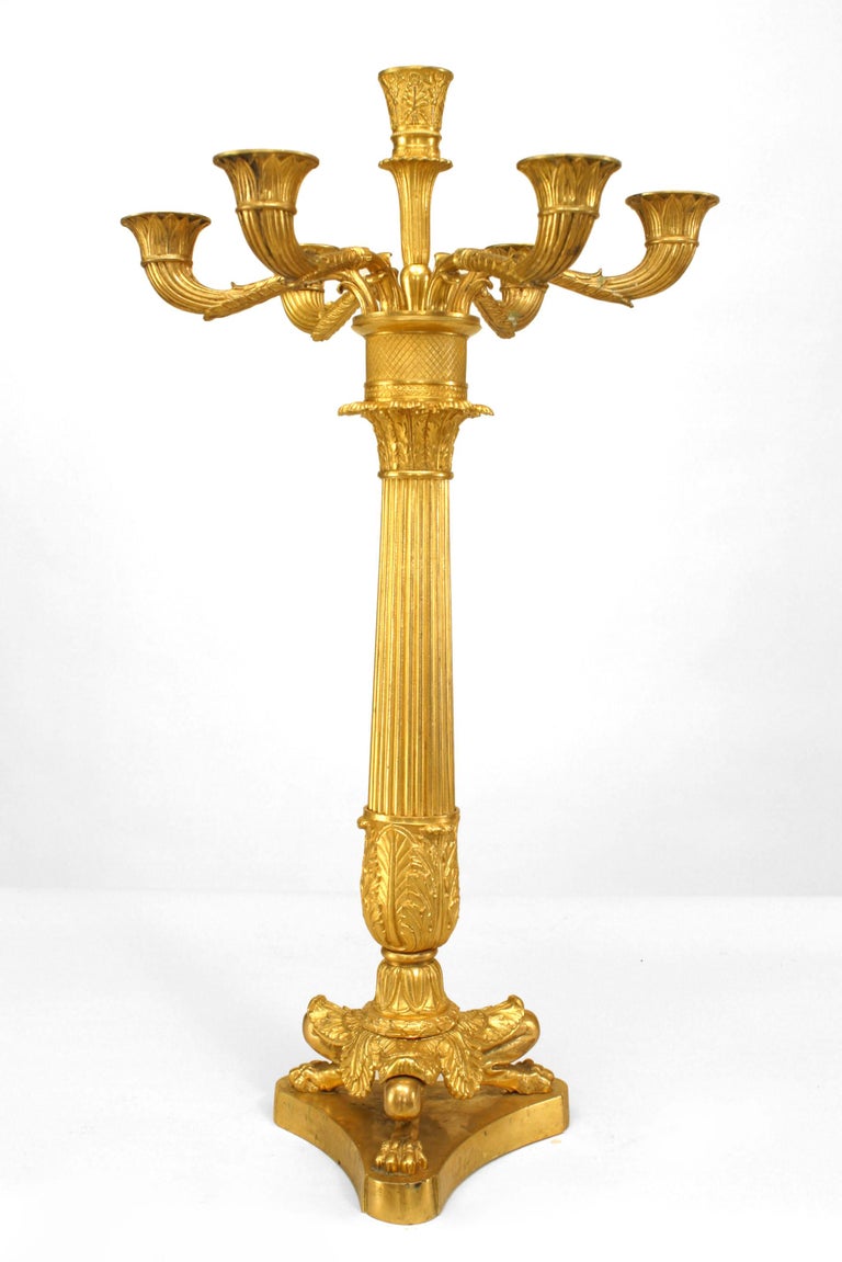 Pair of French Charles X (1st quarter 19th Cent) bronze dore 7 arm column candelabra (signed: Thomi√®re √† Paris) (PRICED AS Pair)

