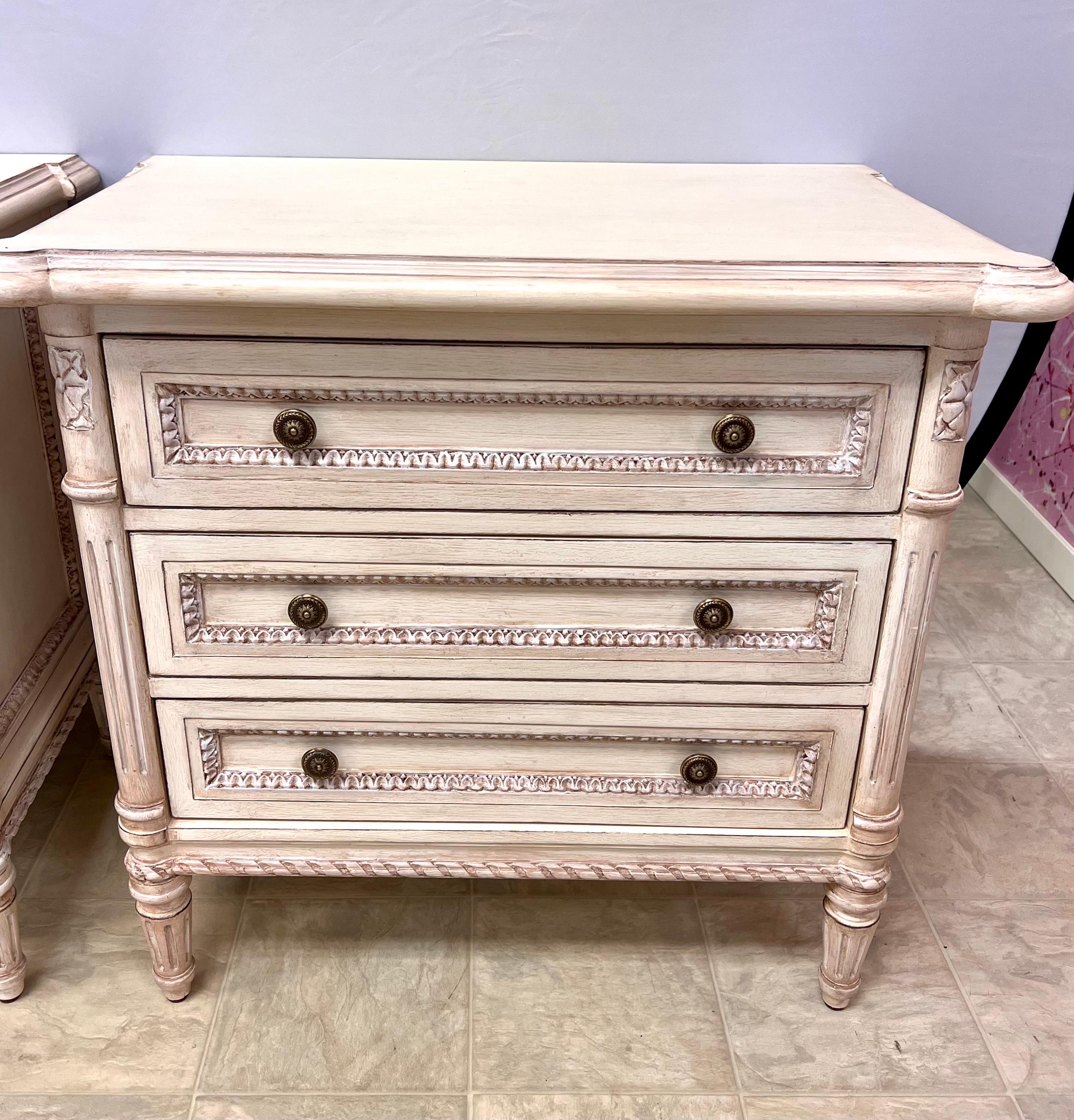 American French Louis XVI Cream Carved Nightstands by Louis J. Solomon, Pr