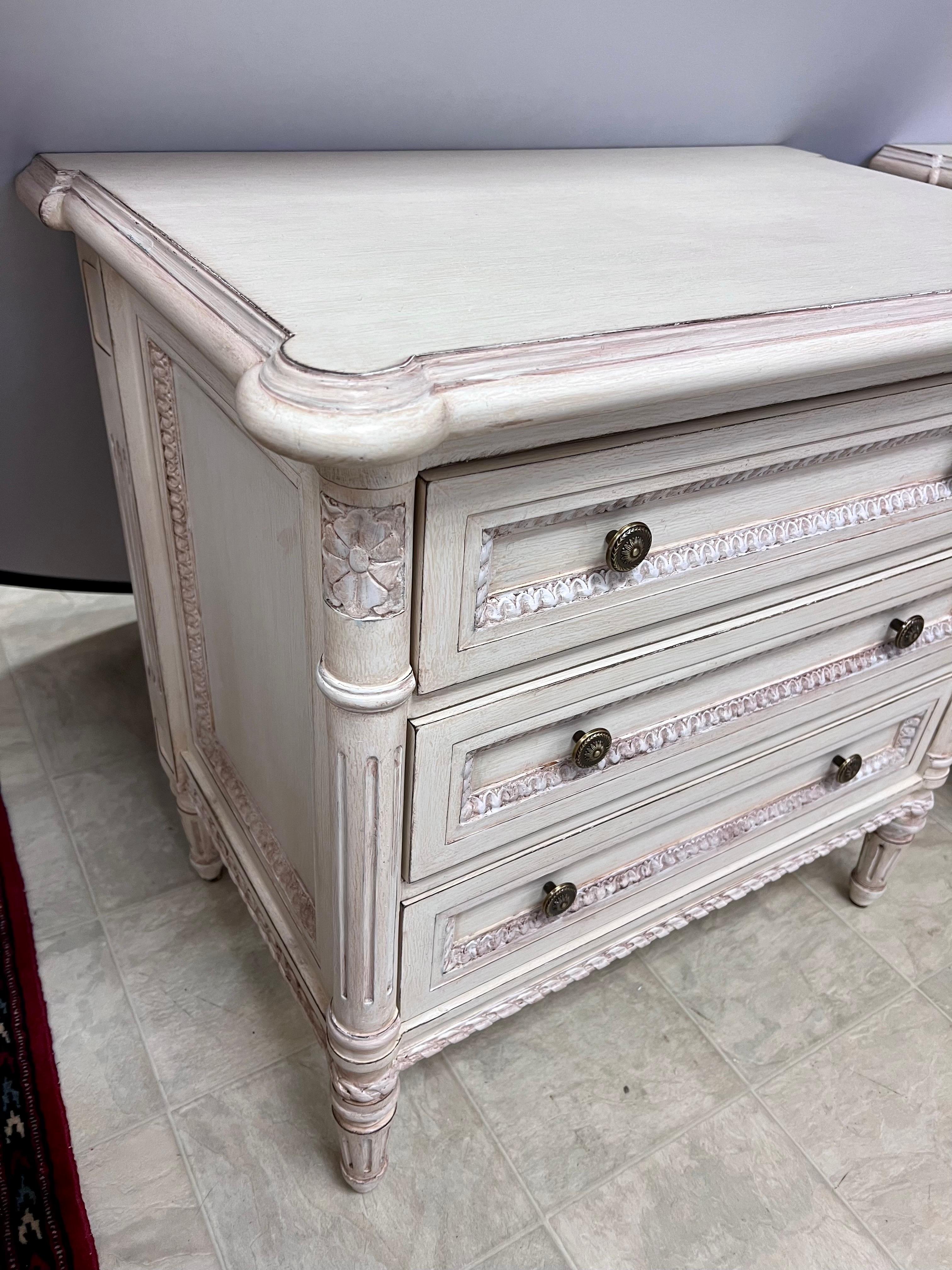 French Louis XVI Cream Carved Nightstands by Louis J. Solomon, Pr 1