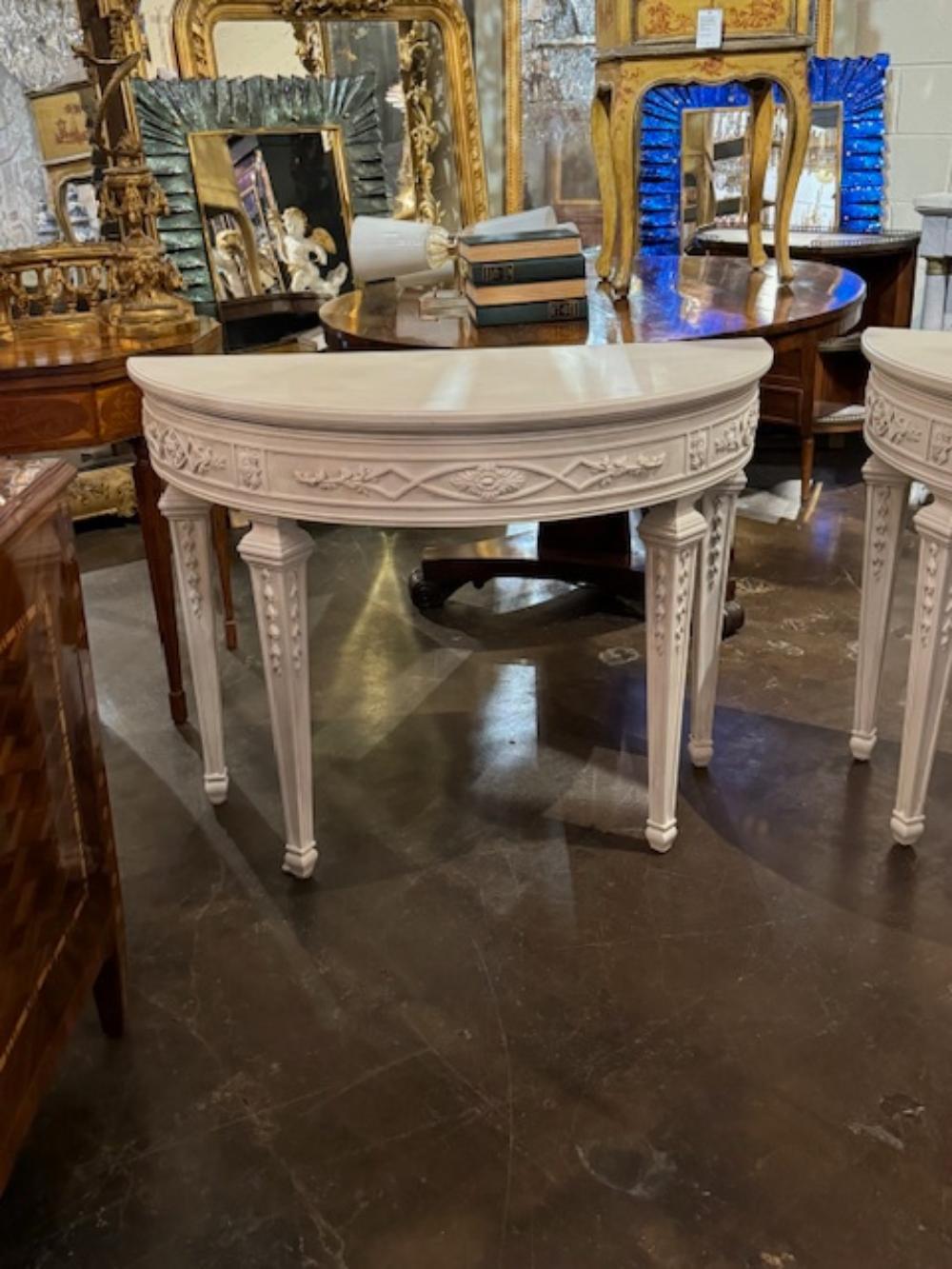 Carved Pair of French Louis XVI Design Neo-Classical Demi-Lune Consoles For Sale