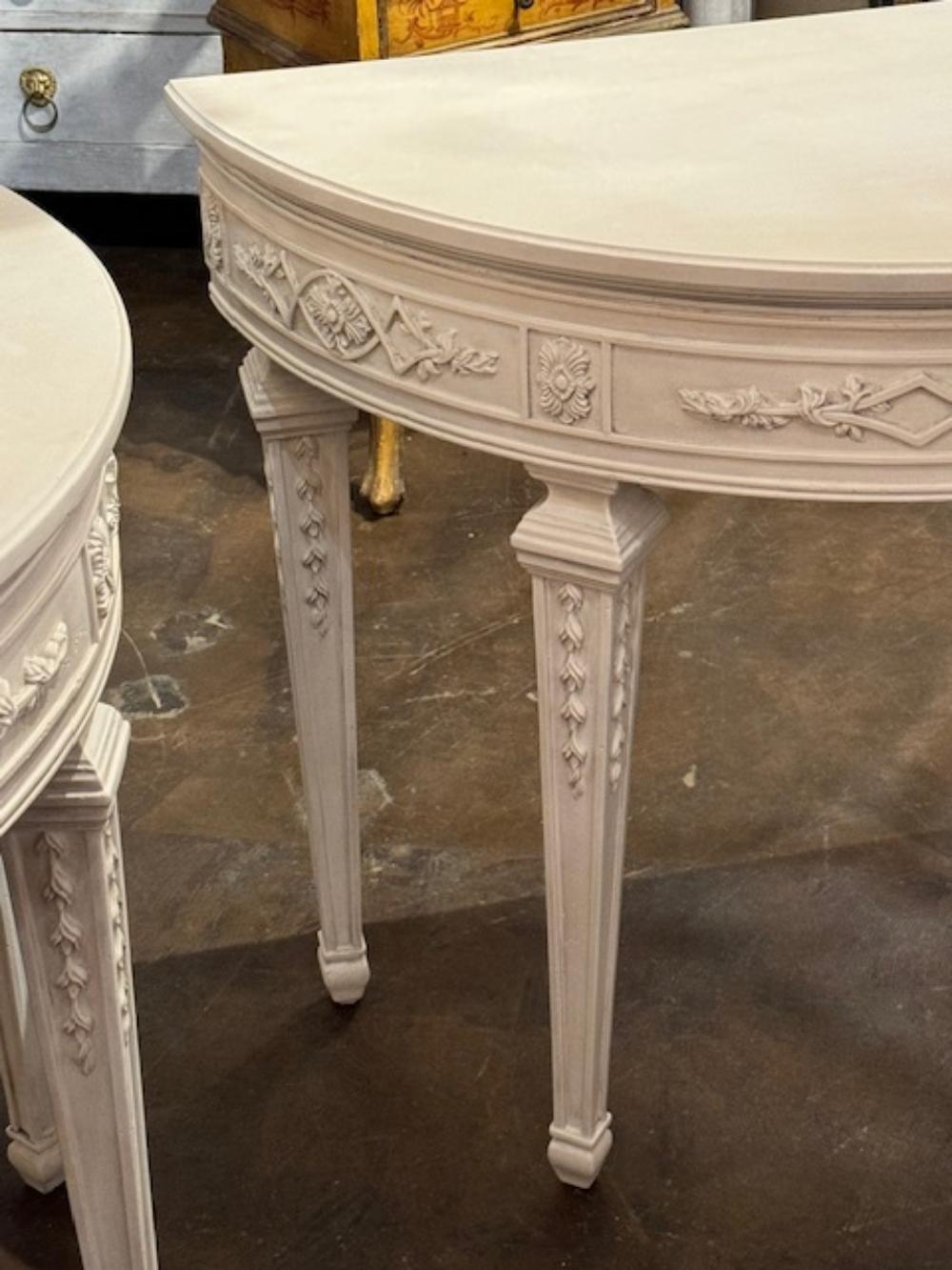 Wood Pair of French Louis XVI Design Neo-Classical Demi-Lune Consoles For Sale