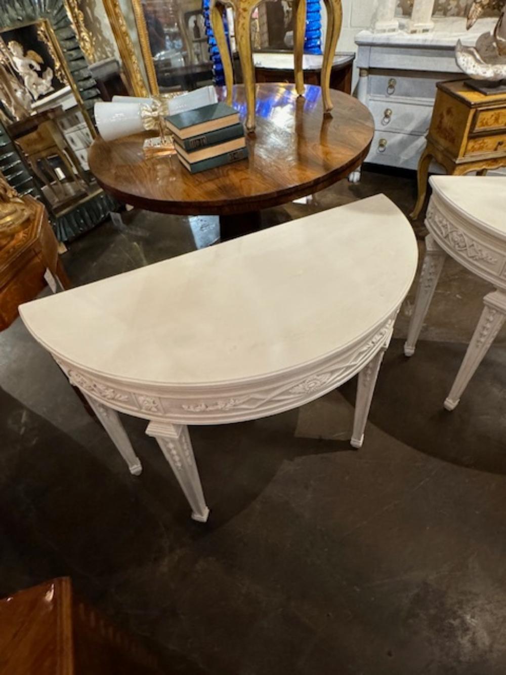 Pair of French Louis XVI Design Neo-Classical Demi-Lune Consoles For Sale 1