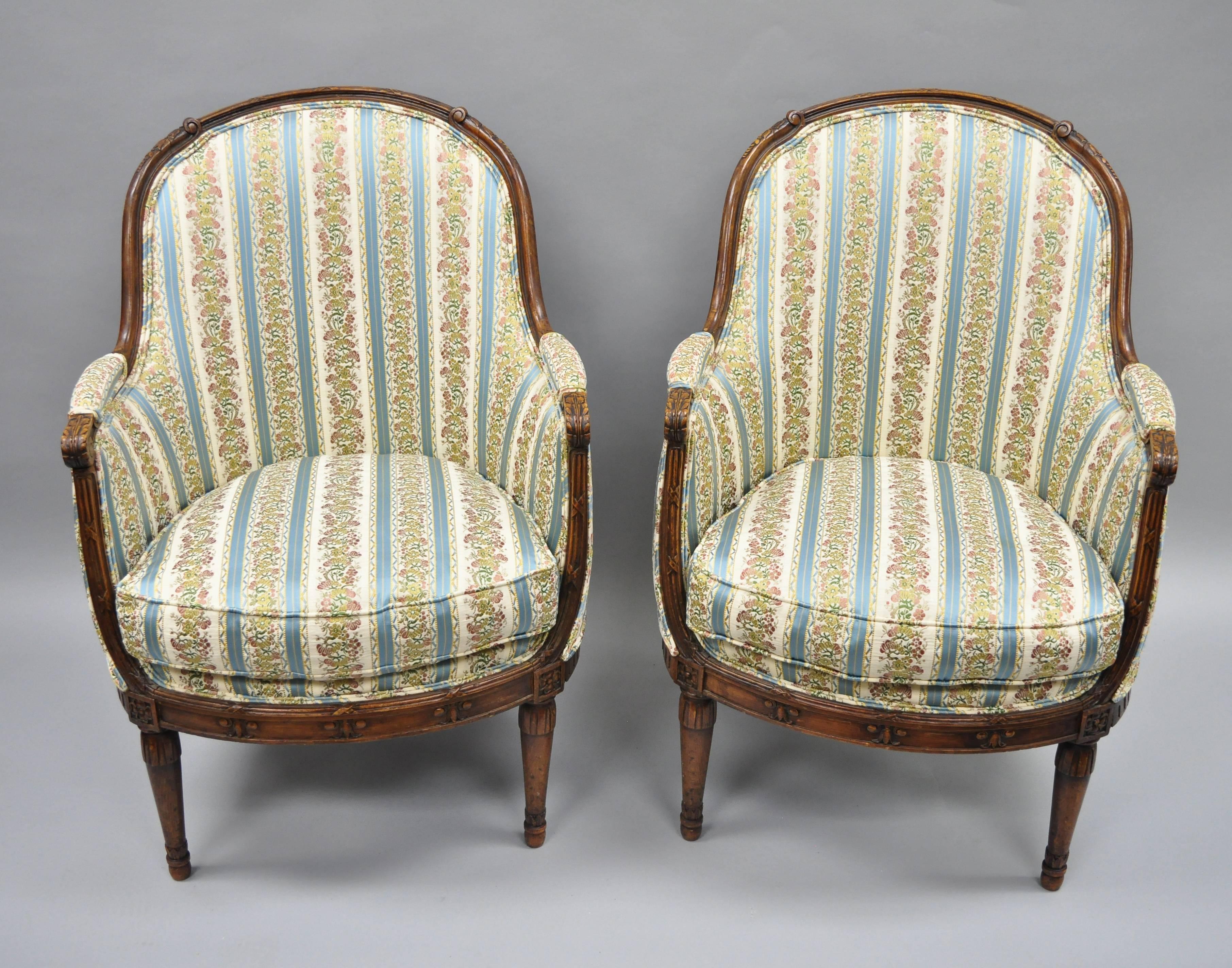 Pair French Louis XVI Directoire Maison Jansen Style Walnut Bergere Arm Chairs 7