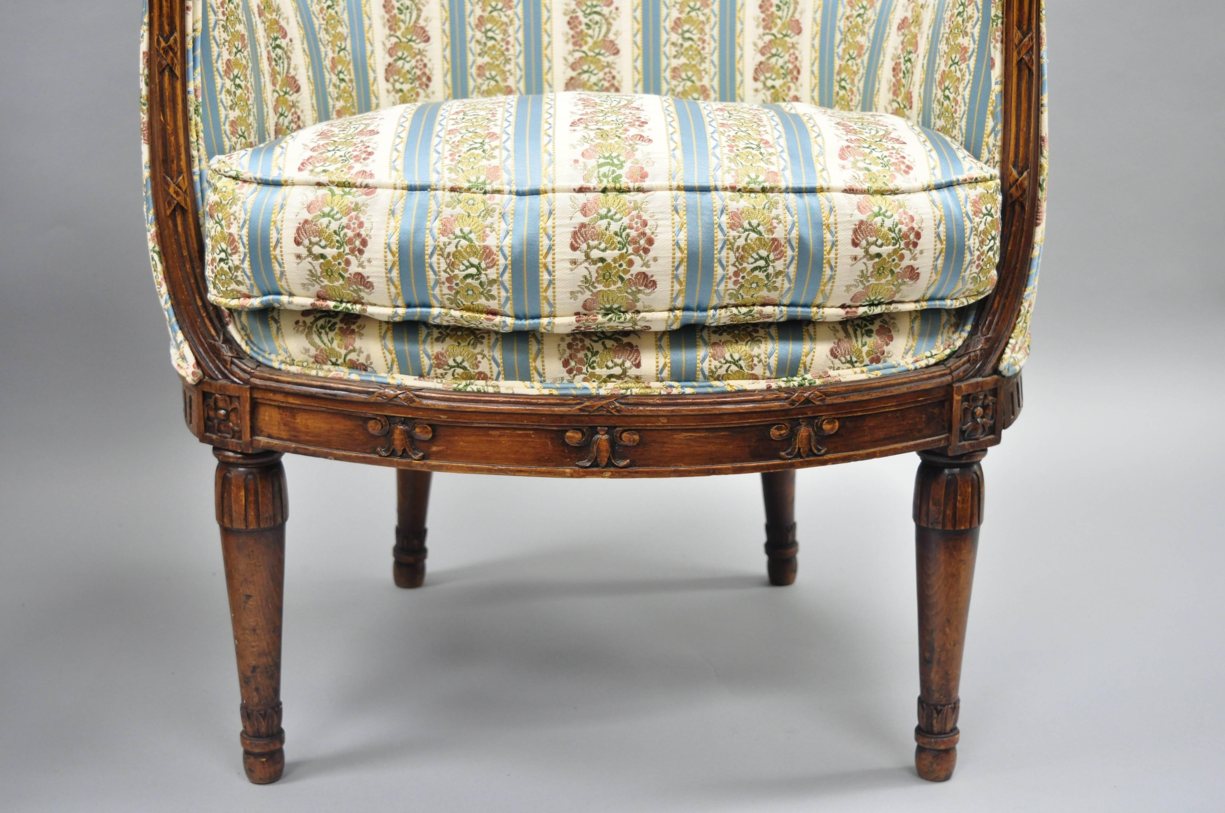 19th Century Pair French Louis XVI Directoire Maison Jansen Style Walnut Bergere Arm Chairs