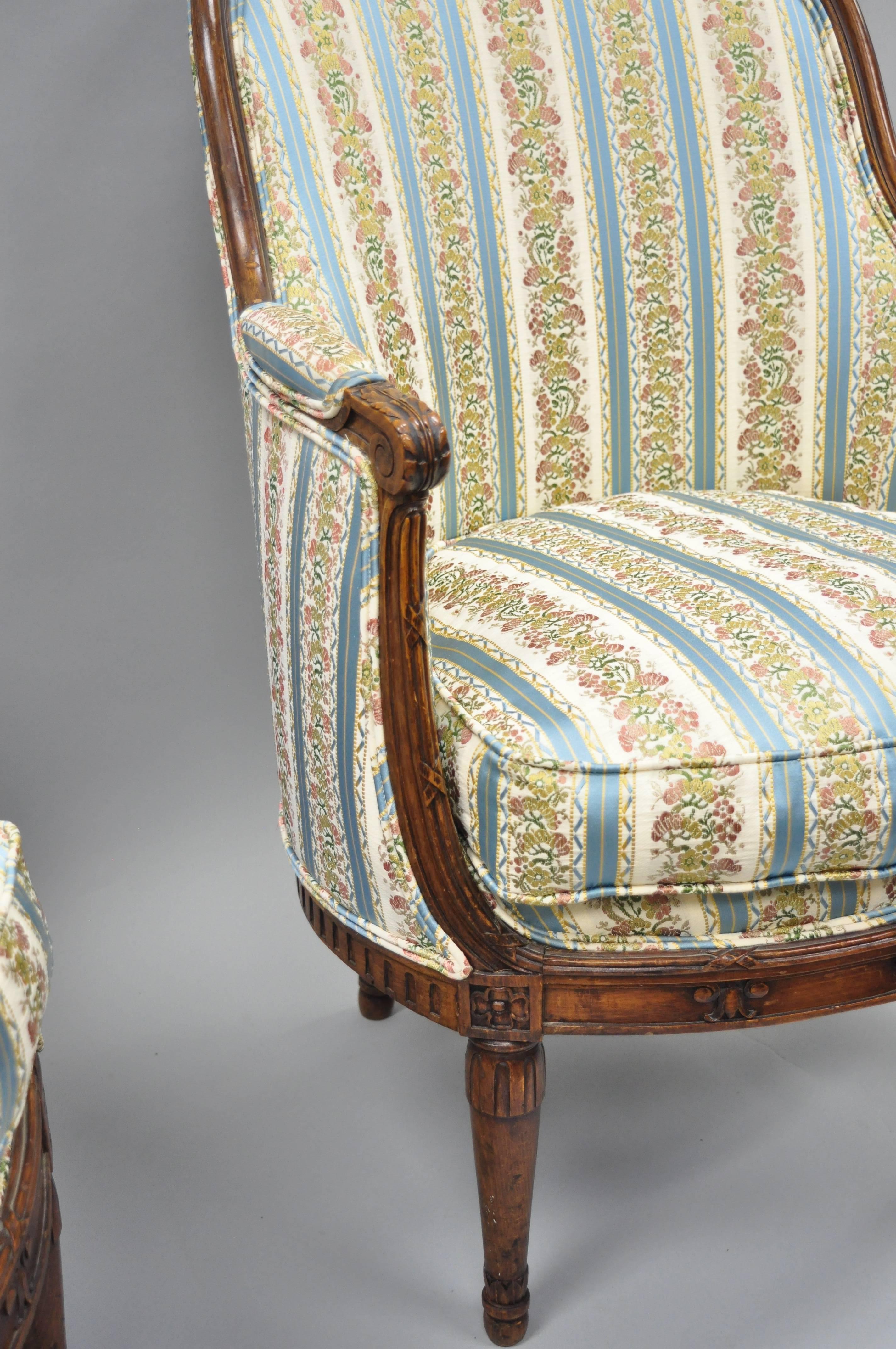 Silk Pair French Louis XVI Directoire Maison Jansen Style Walnut Bergere Arm Chairs