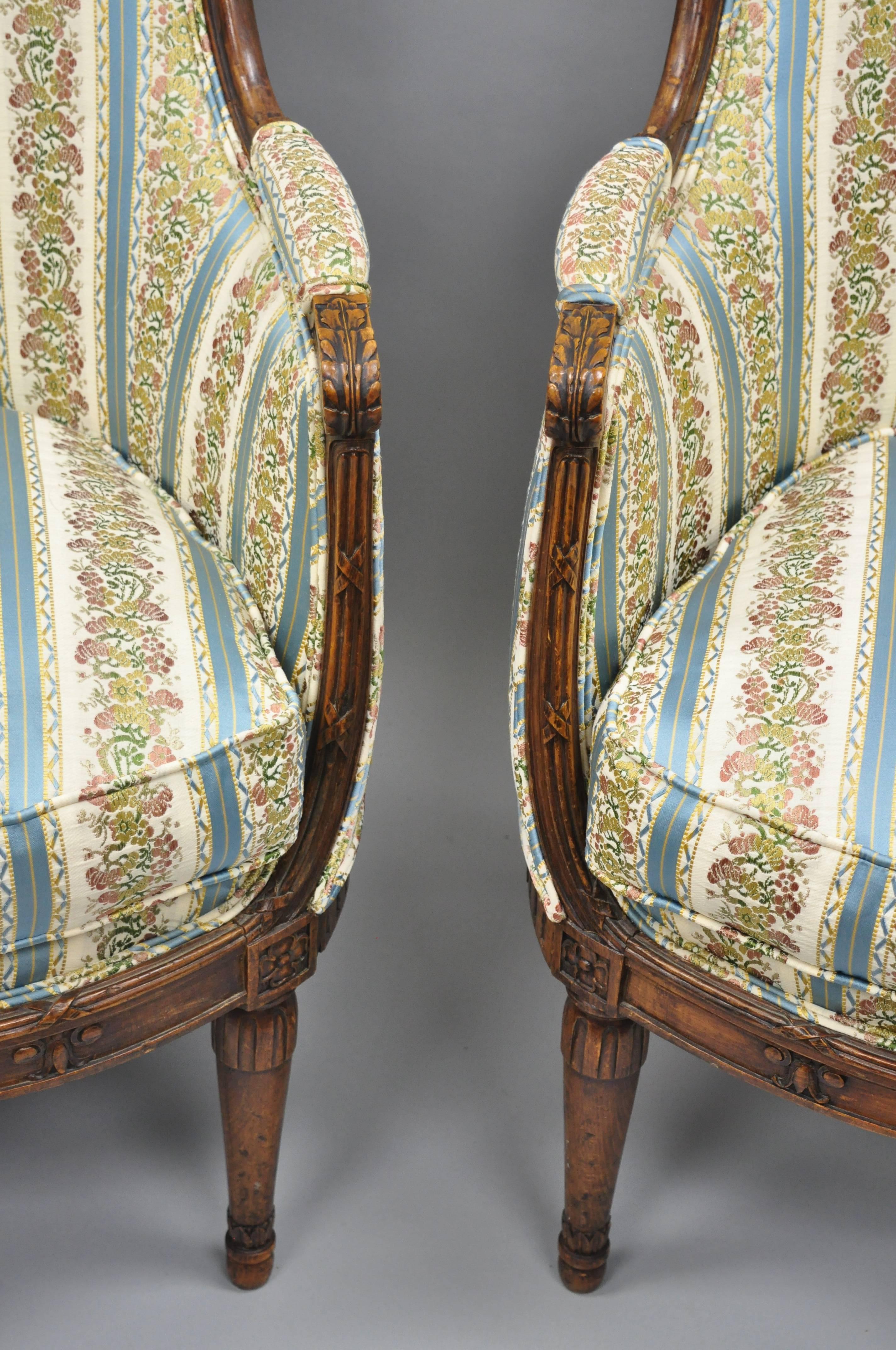 Pair French Louis XVI Directoire Maison Jansen Style Walnut Bergere Arm Chairs 1